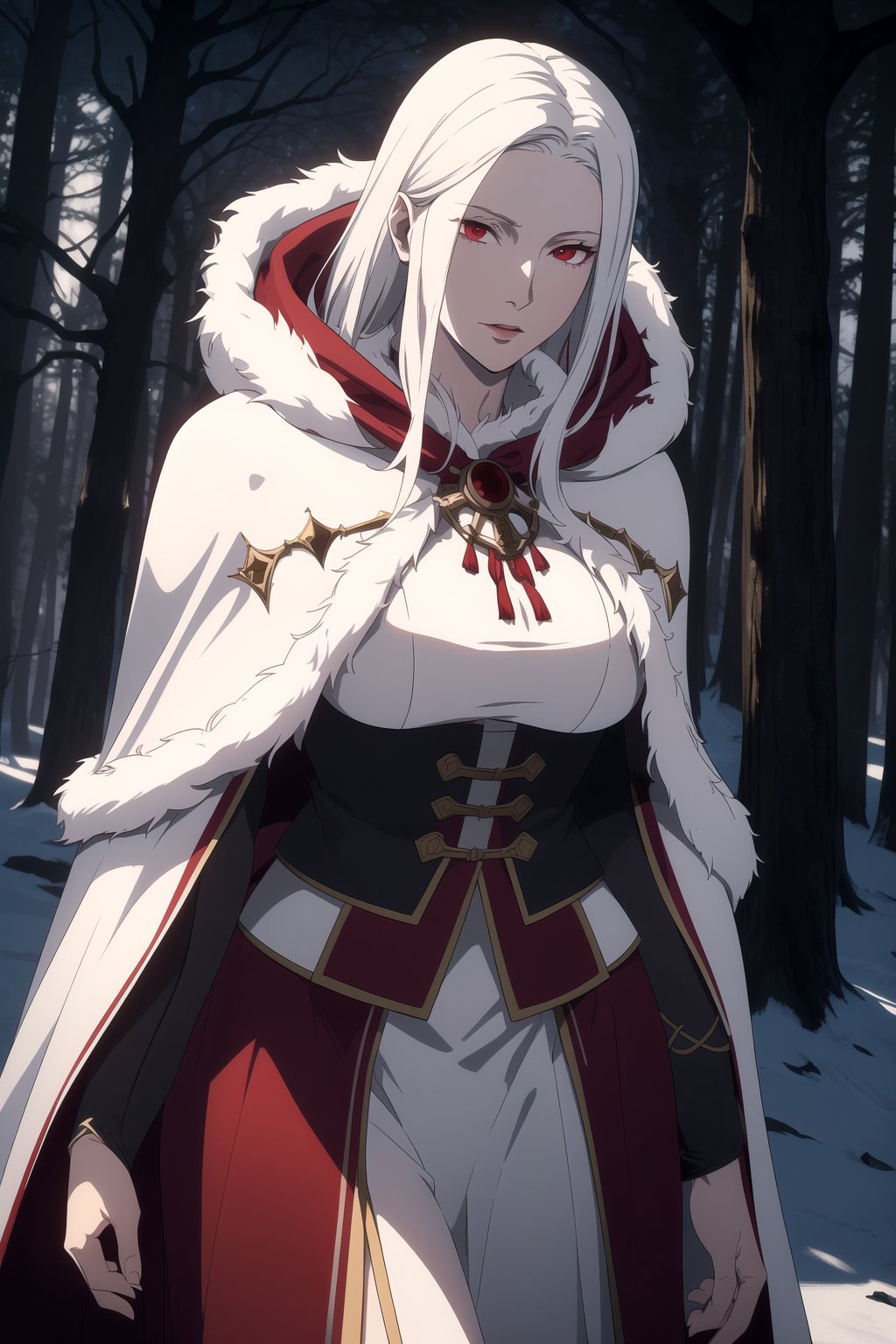 (Masterpiece, Best Quality), (A Gorgeous 30-Year-Old Female Blood Witch), (Unkempt White Hair), (Spirit-Seeing Red Eyes:1.2), (Aged and Blood-Marked Skin), (Red and White Hooded Witch Robe with Fur Cloak:1.2), (Mystical Snowy Forest at Night:1.4), (Walking Pose:1.4), Centered, (Half Body Shot:1.4), (From Front Shot:1.2), Insane Details, Intricate Face Detail, Intricate Hand Details, Cinematic Shot and Lighting, Realistic and Vibrant Colors, Sharp Focus, Ultra Detailed, Realistic Images, Depth of Field, Incredibly Realistic Environment and Scene, Master Composition and Cinematography, castlevania style,castlevania style