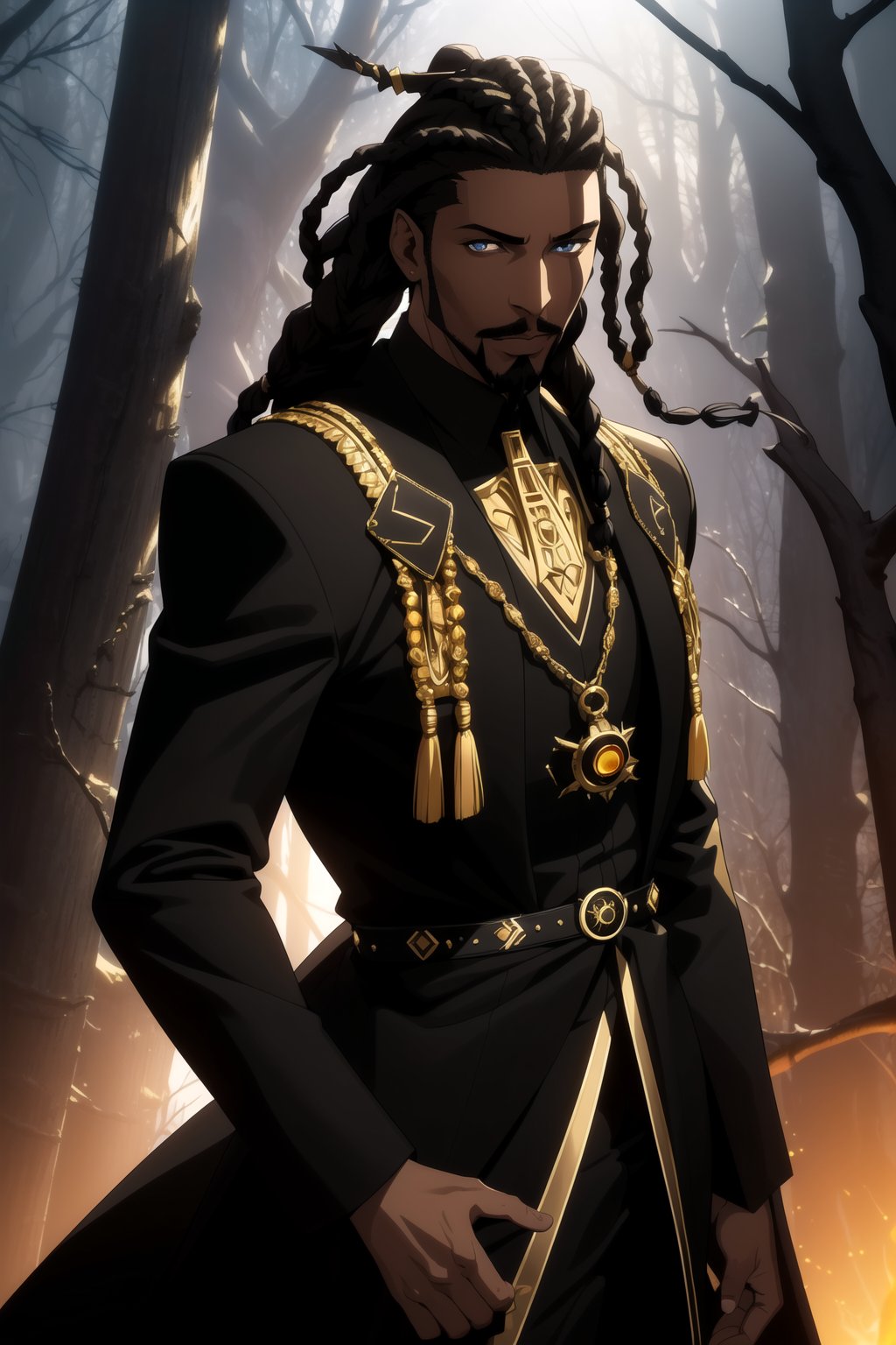 (Masterpiece, Best Quality),  (A Fierce 30-Year-Old African-American Male Shadow Mage), (Dreadlocked Black Hair with Thin Black Goatee:1.4), (Ebony Skin), (Sharp Amber Eyes:1.2), (Wearing Black and Gold Long Coat:1.4), (Dark Forest with Black Fog:1.4), Centered, (Half Body Shot:1.4), (From Front Shot:1.4), Insane Details, Intricate Face Detail, Intricate Hand Details, Cinematic Shot and Lighting, Realistic and Vibrant Colors, Sharp Focus, Ultra Detailed, Realistic Images, Depth of Field, Incredibly Realistic Environment and Scene, Master Composition and Cinematography,castlevania style