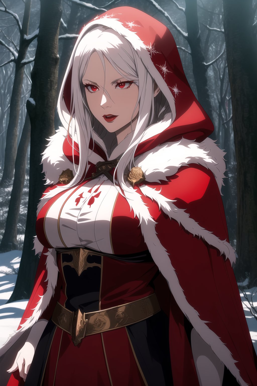 (Masterpiece, Best Quality), (A Gorgeous 30-Year-Old Female Blood Witch), (Unkempt White Hair), (Spirit-Seeing Red Eyes:1.2), (Aged and Blood-Marked Skin), (Red and White Hooded Witch Robe with Fur Cloak:1.2), (Mystical Snowy Forest at Night:1.4), (Standing Pose:1.4), Centered, (Half Body Shot:1.4), (From Front Shot:1.2), Insane Details, Intricate Face Detail, Intricate Hand Details, Cinematic Shot and Lighting, Realistic and Vibrant Colors, Sharp Focus, Ultra Detailed, Realistic Images, Depth of Field, Incredibly Realistic Environment and Scene, Master Composition and Cinematography, castlevania style,castlevania style