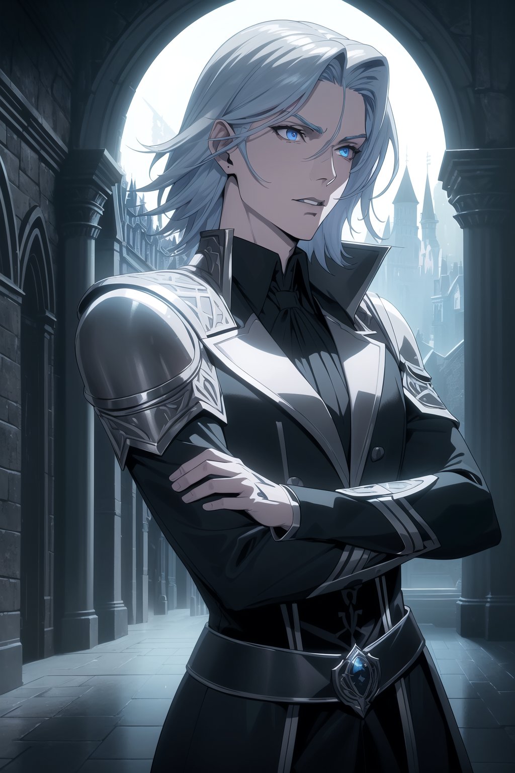 (Masterpiece, Best Quality), (A Muscular 30-Year-Old Slavic Male Vampire Warrior), (Tousled Icy Blue Hair:1.2), (Pale Skin), (Sharp Blue Eyes), (Wearing Black Formal Attire with Silver Accent:1.4), (Castle Hall at Night:1.4), (Dynamic Pose:1.2), Centered, (Half Body Shot:1.4), (From Front Shot:1.4), Insane Details, Intricate Face Detail, Intricate Hand Details, Cinematic Shot and Lighting, Realistic and Vibrant Colors, Sharp Focus, Ultra Detailed, Realistic Images, Depth of Field, Incredibly Realistic Environment and Scene, Master Composition and Cinematography,castlevania style