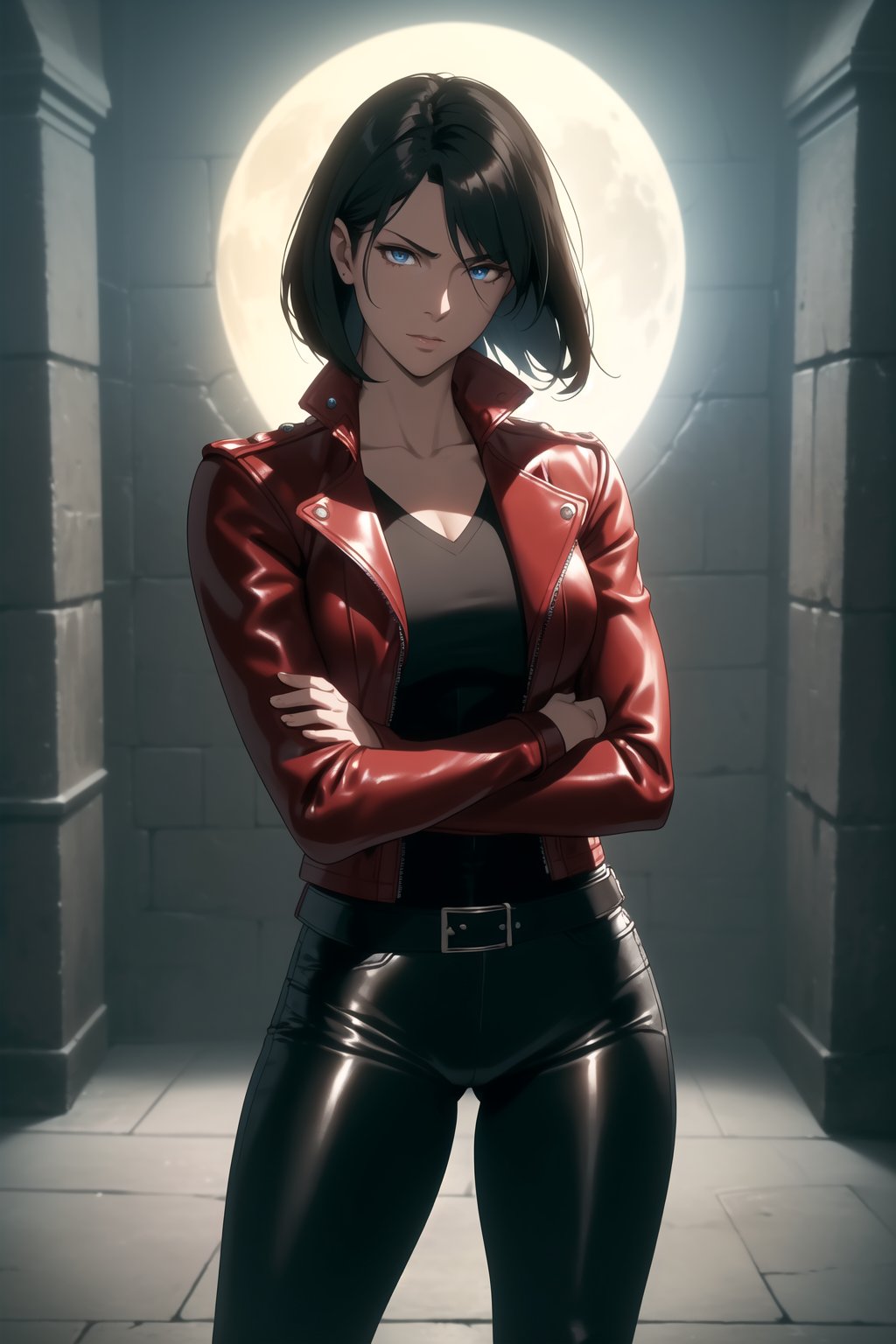 (Masterpiece, Best Quality),  (A Gorgeous 25-Year-Old British Female Mercenary), (Wavy Bobcut Black Hair), (Pale Skin), (Blue Eyes), (Wearing Red Leather Jacket, Black V-Neck Undershirt, and Black Tight Pants:1.4), (Moonlit City Road:1.2), (Crossed Arms Pose:1.4), Centered, (Half Body Shot:1.4), (From Front Shot:1.4), Insane Details, Intricate Face Detail, Intricate Hand Details, Cinematic Shot and Lighting, Realistic and Vibrant Colors, Sharp Focus, Ultra Detailed, Realistic Images, Depth of Field, Incredibly Realistic Environment and Scene, Master Composition and Cinematography,castlevania style