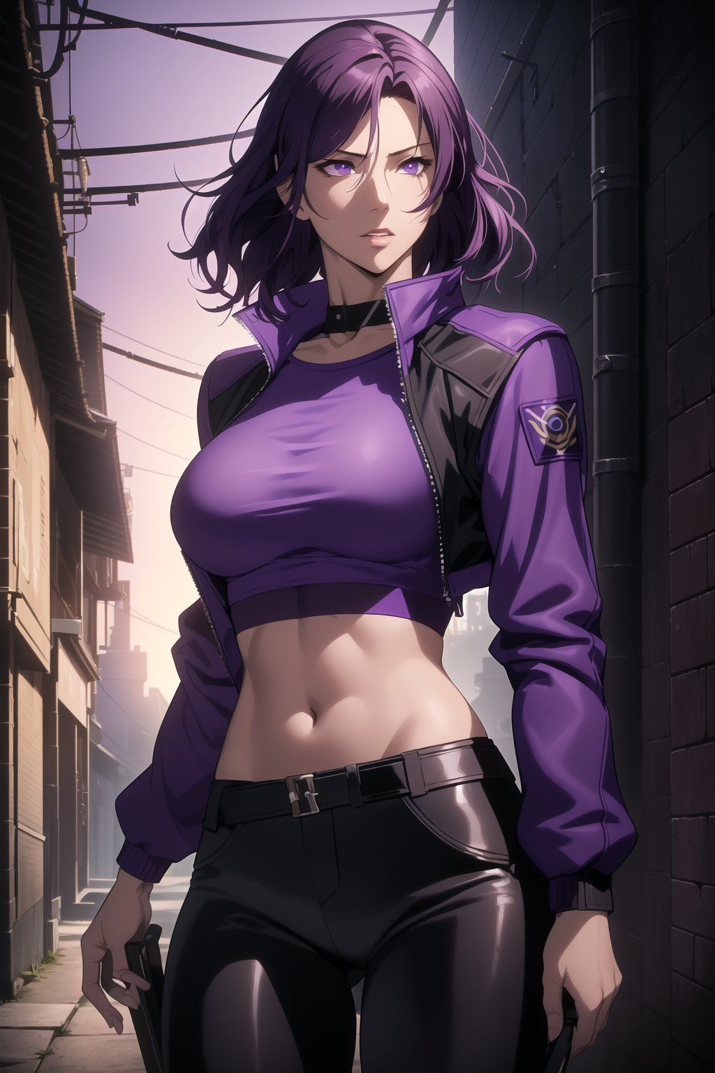 (Masterpiece, Best Quality), (A Rebel 25-Year-Old Japanese Female Resistance Leader), (Short Wavy Violet Hair:1.4), (Dark Purple Eyes:1.2), (Fair Skin:1.2), (Wearing Violet Resistance Member Jacket, Black Crop Top and Black Tight Pants:1.4), (Dystopian Rural City Alleyway at Night:1.4), (Dynamic Pose:1.2), Centered, (Half Body Shot:1.4), (From Front Shot:1.4), Insane Details, Intricate Face Detail, Intricate Hand Details, Cinematic Shot and Lighting, Realistic and Vibrant Colors, Sharp Focus, Ultra Detailed, Realistic Images, Depth of Field, Incredibly Realistic Environment and Scene, Master Composition and Cinematography,castlevania style