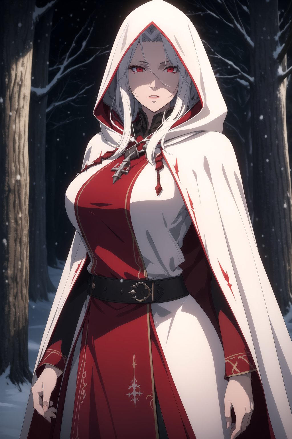 (Masterpiece, Best Quality), (A Gorgeous 30-Year-Old Female Blood Witch), (Unkempt White Hair), (Spirit-Seeing Red Eyes:1.2), (Aged and Blood-Marked Skin), (Red and White Hooded Witch Robe with Fur Cloak:1.2), (Mystical Snowy Forest at Night:1.4), (Standing Pose:1.4), Centered, (Half Body Shot:1.4), (From Front Shot:1.2), Insane Details, Intricate Face Detail, Intricate Hand Details, Cinematic Shot and Lighting, Realistic and Vibrant Colors, Sharp Focus, Ultra Detailed, Realistic Images, Depth of Field, Incredibly Realistic Environment and Scene, Master Composition and Cinematography, castlevania style,castlevania style