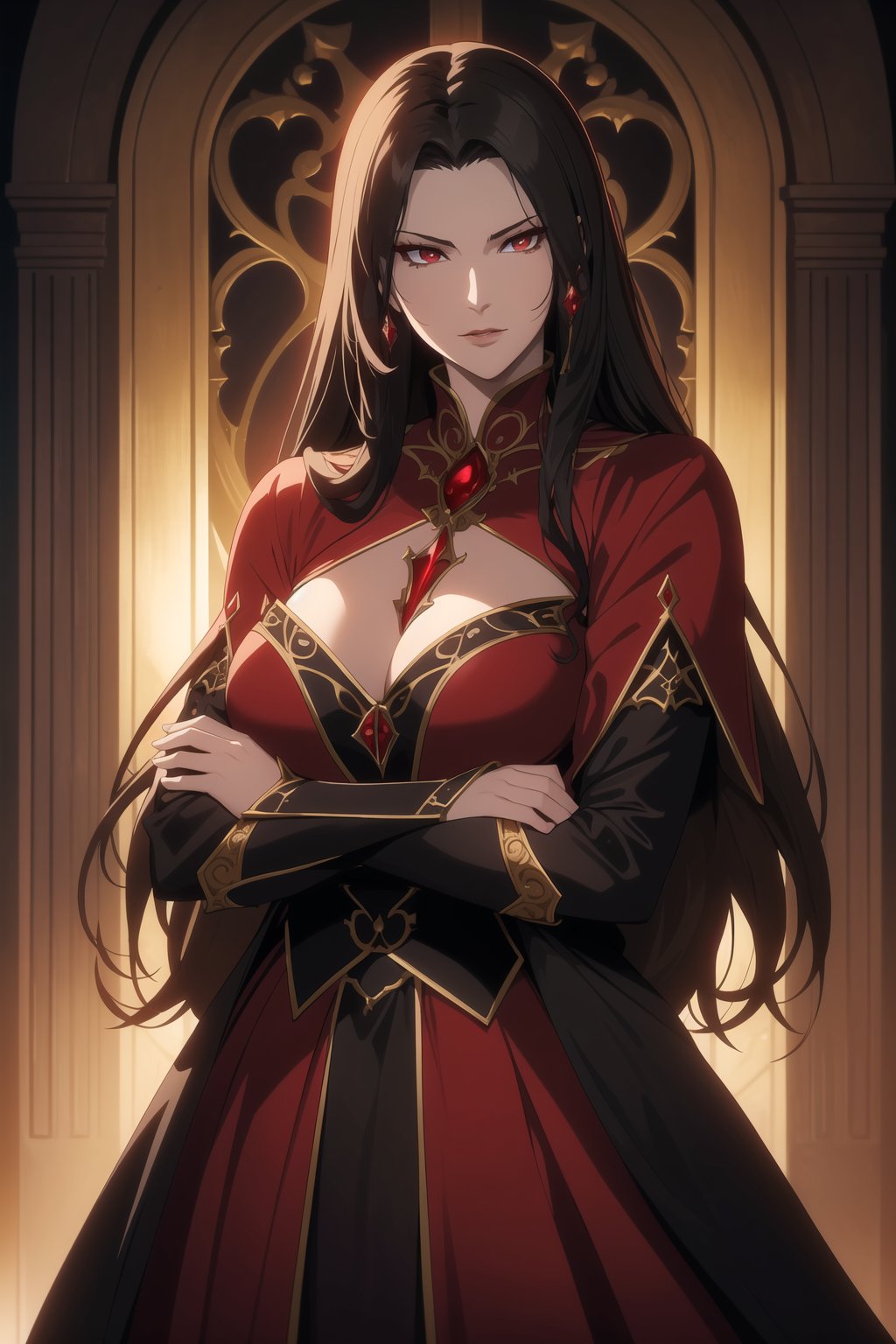 (Masterpiece, Best Quality),  (A Regal 30-Year-Old Looking Female Vampire Queen), (Flowing Ebony Hair), (Regal Ruby Eyes), (Pallid and Alluring Skin), (Wearing Queenly Red Vampire Gown), (Dark Castle Altar:1.2), (Crossed Arms Pose:1.4), Centered, (Half Body Shot:1.4), (From Front Shot:1.4), Insane Details, Intricate Face Detail, Intricate Hand Details, Cinematic Shot and Lighting, Realistic and Vibrant Colors, Sharp Focus, Ultra Detailed, Realistic Images, Depth of Field, Incredibly Realistic Environment and Scene, Master Composition and Cinematography,castlevania style