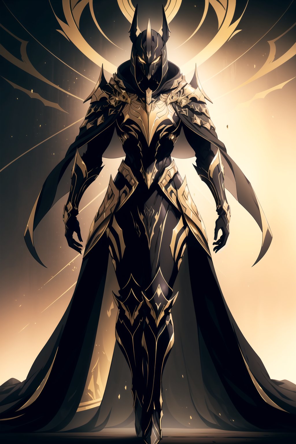 (Masterpiece, Best Quality), (Anubis Warrior in Warframe Style Armor), (Glowing Golden Eyes), (Wearing Black and Gold Anubis-Themed Armor and Black Flowing Cloak:1.4), (Barren Desert at Noon:1.2), (Dynamic Pose:1.4), Centered, (Half Body Shot:1.4), (From Front Shot:1.2), Insane Details, Intricate Face Detail, Intricate Hand Details, Cinematic Shot and Lighting, Realistic and Vibrant Colors, Sharp Focus, Ultra Detailed, Realistic Images, Depth of Field, Incredibly Realistic Environment and Scene, Master Composition and Cinematography, castlevania style,castlevania style,WARFRAME
