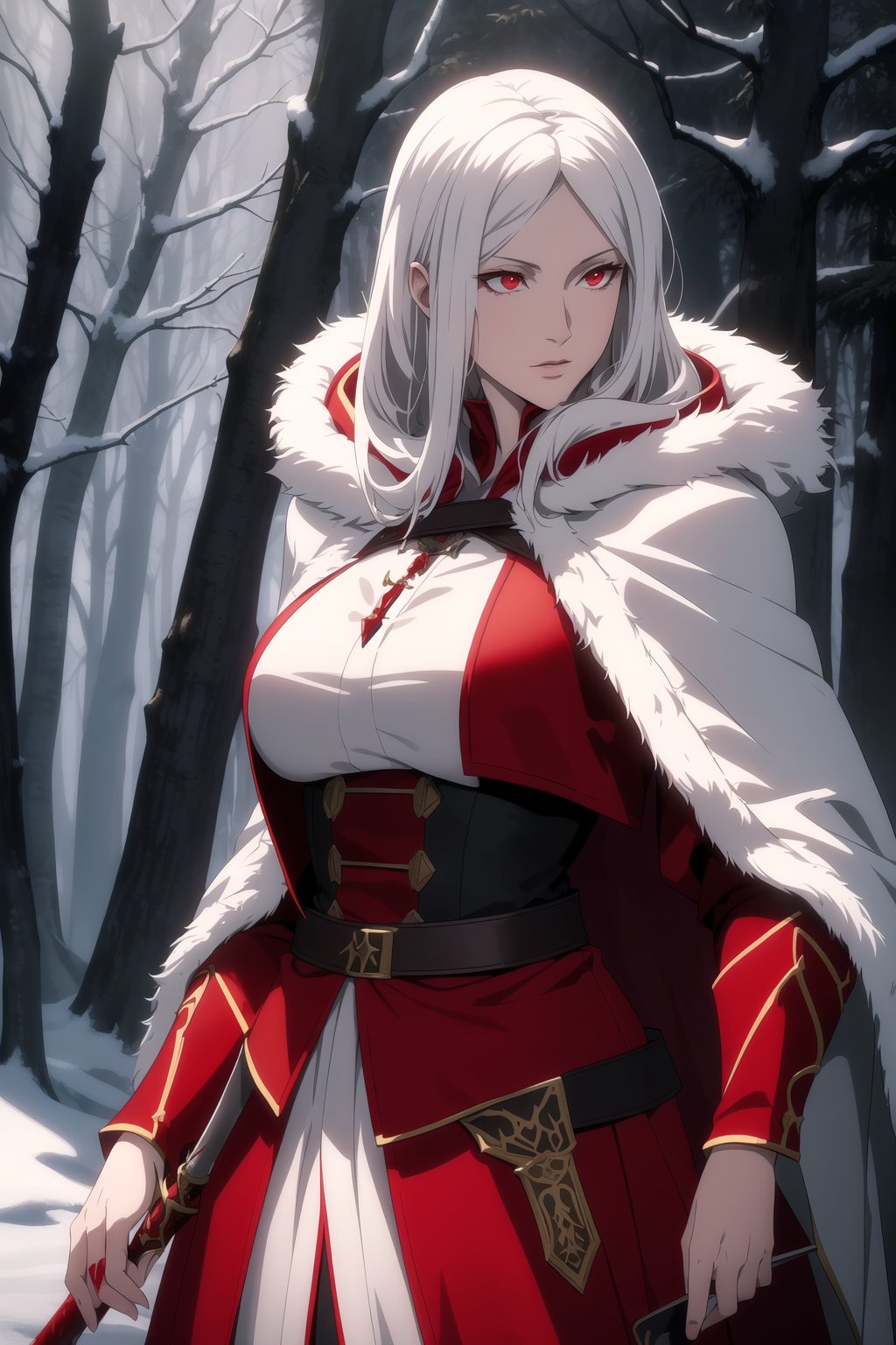 (Masterpiece, Best Quality), (A Gorgeous 30-Year-Old Female Blood Witch), (Unkempt White Hair), (Spirit-Seeing Red Eyes:1.2), (Aged and Blood-Marked Skin), (Red and White Hooded Witch Robe with Fur Cloak:1.2), (Mystical Snowy Forest at Night:1.4), (Standing Pose:1.4), Centered, (Half Body Shot:1.4), (From Front Shot:1.2), Insane Details, Intricate Face Detail, Intricate Hand Details, Cinematic Shot and Lighting, Realistic and Vibrant Colors, Sharp Focus, Ultra Detailed, Realistic Images, Depth of Field, Incredibly Realistic Environment and Scene, Master Composition and Cinematography, castlevania style,castlevania style