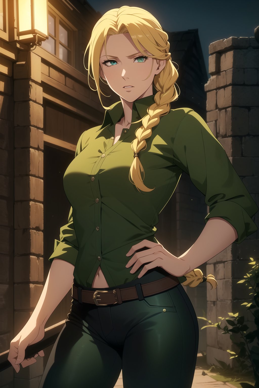 (Masterpiece, Best Quality), (A Resilient 25-Year-Old British Female Hunter), (Blonde Hair in a Singular Braid:1.4), (Observant Green Eyes), (Fair Skin), (Wearing Loose-buttoned Dark Green Shirt and Black Tight Pants:1.4), (Outback Wilderness at Night:1.2), (Hands on Hips Pose:1.2), Centered, (Half Body Shot:1.4), (From Front Shot:1.4), Insane Details, Intricate Face Detail, Intricate Hand Details, Cinematic Shot and Lighting, Realistic and Vibrant Colors, Sharp Focus, Ultra Detailed, Realistic Images, Depth of Field, Incredibly Realistic Environment and Scene, Master Composition and Cinematography,castlevania style