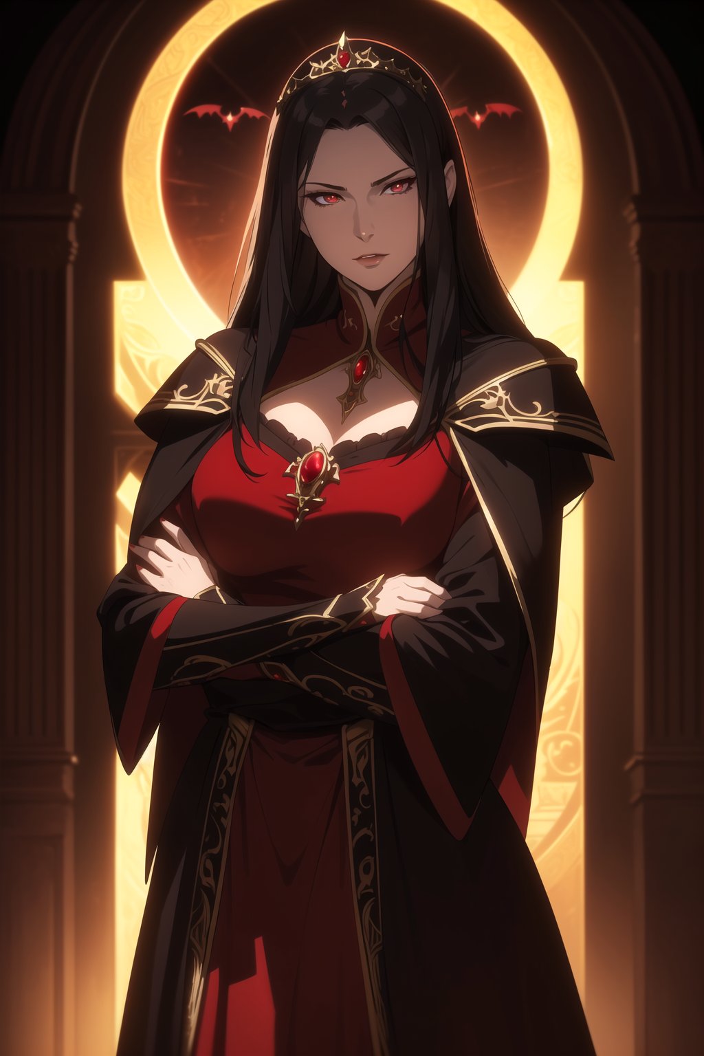(Masterpiece, Best Quality),  (A Regal 30-Year-Old Looking Female Vampire Queen), (Flowing Ebony Hair), (Regal Ruby Eyes), (Pallid and Alluring Skin), (Wearing Queenly Red Vampire Gown), (Dark Castle Altar:1.2), (Crossed Arms Pose:1.4), Centered, (Half Body Shot:1.4), (From Front Shot:1.4), Insane Details, Intricate Face Detail, Intricate Hand Details, Cinematic Shot and Lighting, Realistic and Vibrant Colors, Sharp Focus, Ultra Detailed, Realistic Images, Depth of Field, Incredibly Realistic Environment and Scene, Master Composition and Cinematography,castlevania style