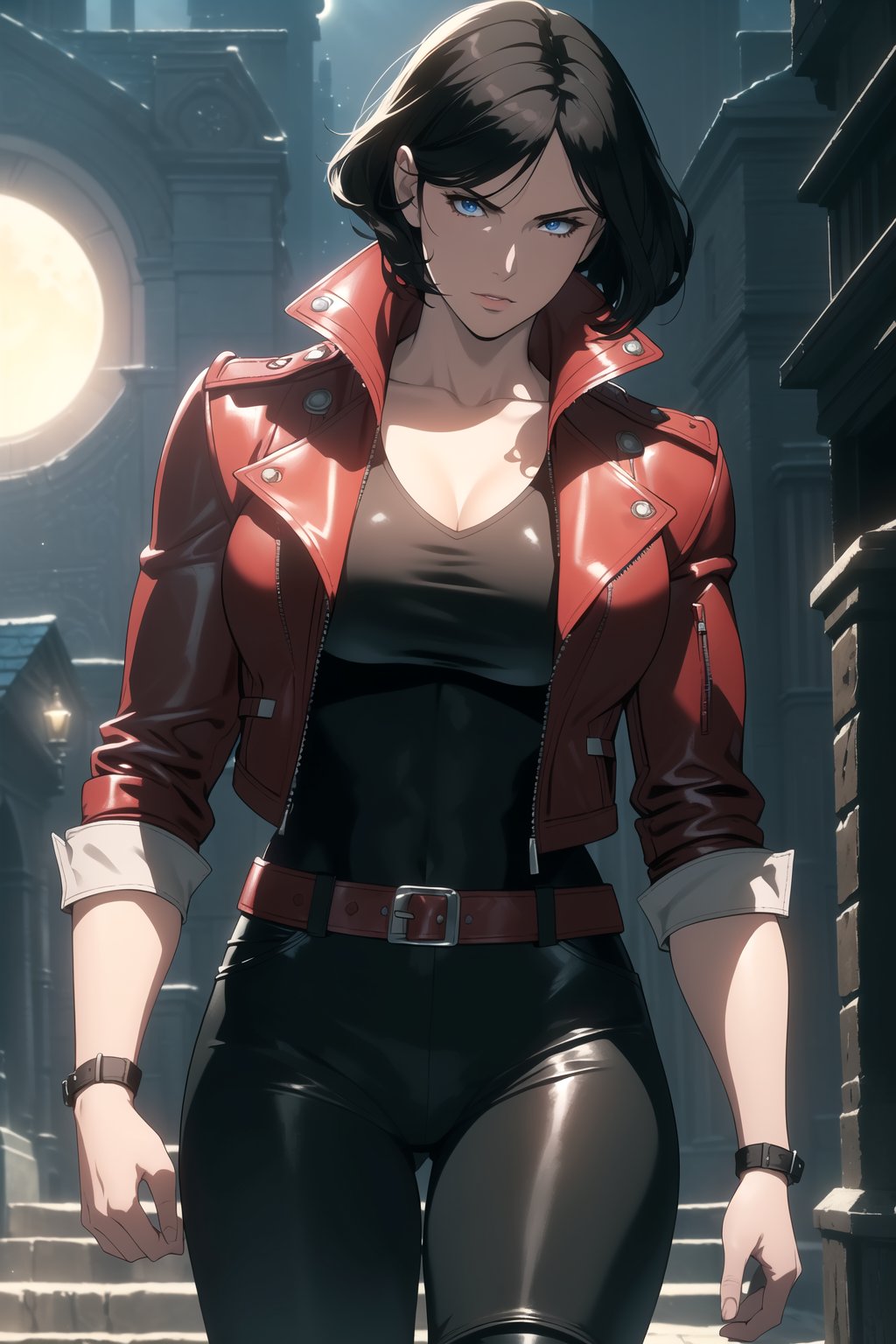 (Masterpiece, Best Quality), (A Gorgeous 25-Year-Old British Female Mercenary), (Wavy Bobcut Black Hair:1.4), (Pale Skin:1.2), (Blue Eyes), (Wearing Red Leather Jacket, Black V-Neck Inner Shirt, and Black Tight Pants:1.4), (Moonlit City Buildings at Night:1.2), (Walking Pose:1.4), Centered, (Half Body Shot:1.4), (From Front Shot:1.2), Insane Details, Intricate Face Detail, Intricate Hand Details, Cinematic Shot and Lighting, Realistic and Vibrant Colors, Sharp Focus, Ultra Detailed, Realistic Images, Depth of Field, Incredibly Realistic Environment and Scene, Master Composition and Cinematography, castlevania style,castlevania style