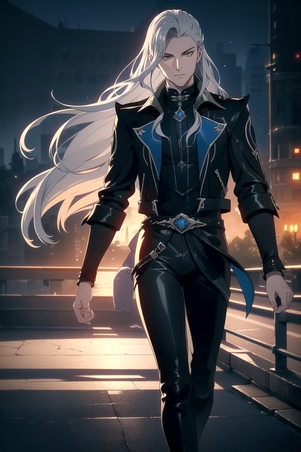 (One Person), (A Handsome 25-Years-old British Male Werewolf Swordsman), (Long Flowing Silver Hair:1.4), (Pale Skin:1.2), (Dark Red Eyes), (Wearing Blue Colored Leather Long Jacket and Black Long Pants:1.4), (City Road at Evening:1.6), (Walking Pose:1.4), Centered, (Waist-up Shot:1.4), From Front Shot, Insane Details, Intricate Face Detail, Intricate Hand Details, Cinematic Shot and Lighting, Realistic and Vibrant Colors, Masterpiece, Sharp Focus, Ultra Detailed, Taken with DSLR camera, Realistic Photography, Depth of Field, Incredibly Realistic Environment and Scene, Master Composition and Cinematography, neuvillette, castlevania style