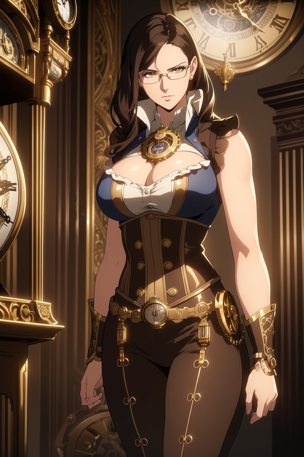 (Masterpiece, Best Quality), (A Gorgeous 25-Year-Old British Female Clock Mechanic), (Short Wavy Black Hair:1.2), (Golden Brown Eyes with Glasses), (Fair Skin), (Wearing Sleeveless Brown and Gold Steampunk-style Outfit with Glasses and Corsets, with Ornate Golden Gears and Clocks:1.4), (Steampunk Workshop:1.2), (Walking Pose:1.2), Centered, (Half Body Shot:1.4), (From Front Shot:1.4), Insane Details, Intricate Face Detail, Intricate Hand Details, Cinematic Shot and Lighting, Realistic and Vibrant Colors, Sharp Focus, Ultra Detailed, Realistic Images, Depth of Field, Incredibly Realistic Environment and Scene, Master Composition and Cinematography, castlevania style,castlevania style