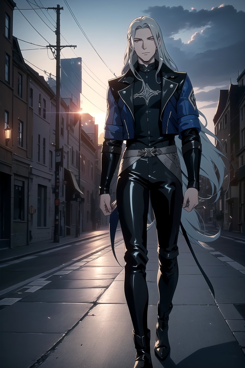 (One Person), (A Handsome 25-Years-old British Male Werewolf Swordsman), (Long Flowing Silver Hair:1.4), (Pale Skin:1.2), (Dark Red Eyes), (Wearing Blue Colored Leather Long Jacket and Black Long Pants:1.4), (City Road at Evening:1.6), (Walking Pose:1.4), Centered, (Waist-up Shot:1.4), From Front Shot, Insane Details, Intricate Face Detail, Intricate Hand Details, Cinematic Shot and Lighting, Realistic and Vibrant Colors, Masterpiece, Sharp Focus, Ultra Detailed, Taken with DSLR camera, Realistic Photography, Depth of Field, Incredibly Realistic Environment and Scene, Master Composition and Cinematography, neuvillette, castlevania style