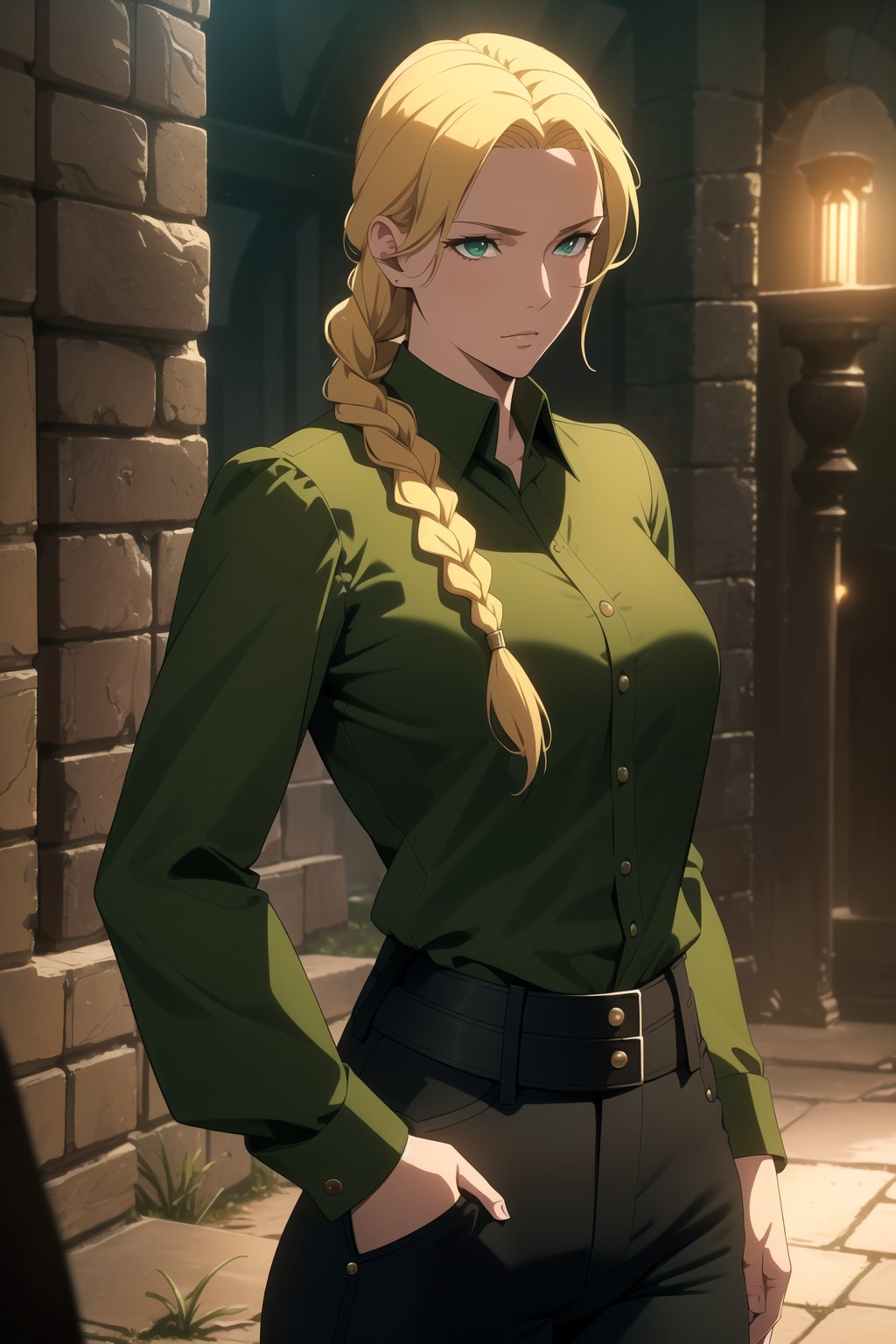 (Masterpiece, Best Quality), (A Resilient 25-Year-Old British Female Hunter), (Blonde Hair in a Singular Braid:1.4), (Observant Green Eyes), (Fair Skin), (Wearing Loose-buttoned Dark Green Shirt and Black Tight Pants:1.4), (Outback Wilderness at Night:1.2), (Hands on Hips Pose:1.2), Centered, (Half Body Shot:1.4), (From Front Shot:1.4), Insane Details, Intricate Face Detail, Intricate Hand Details, Cinematic Shot and Lighting, Realistic and Vibrant Colors, Sharp Focus, Ultra Detailed, Realistic Images, Depth of Field, Incredibly Realistic Environment and Scene, Master Composition and Cinematography,castlevania style