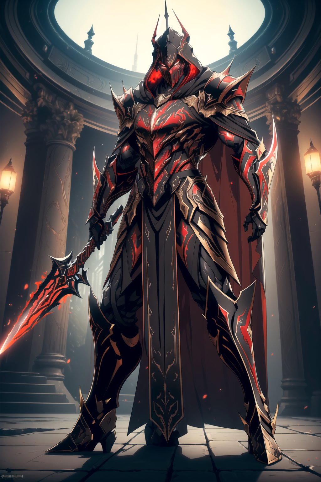 (Masterpiece, Best Quality), (Spartan Warrior in Warframe Style Armor), (Masculine Appearance:1.4), (Muscular Frame Build:1.2), (Glowing Golden Eyes), (Wearing Red and Black Spartan-Themed Armor and Black Flowing Cloak:1.4), (Wielding a Flaming Sword:1.4), (Colloseum Arena at Noon:1.2), (Action Pose:1.4), Centered, (Half Body Shot:1.4), (From Front Shot:1.2), Insane Details, Intricate Face Detail, Intricate Hand Details, Cinematic Shot and Lighting, Realistic and Vibrant Colors, Sharp Focus, Ultra Detailed, Realistic Images, Depth of Field, Incredibly Realistic Environment and Scene, Master Composition and Cinematography, castlevania style,castlevania style,WARFRAME