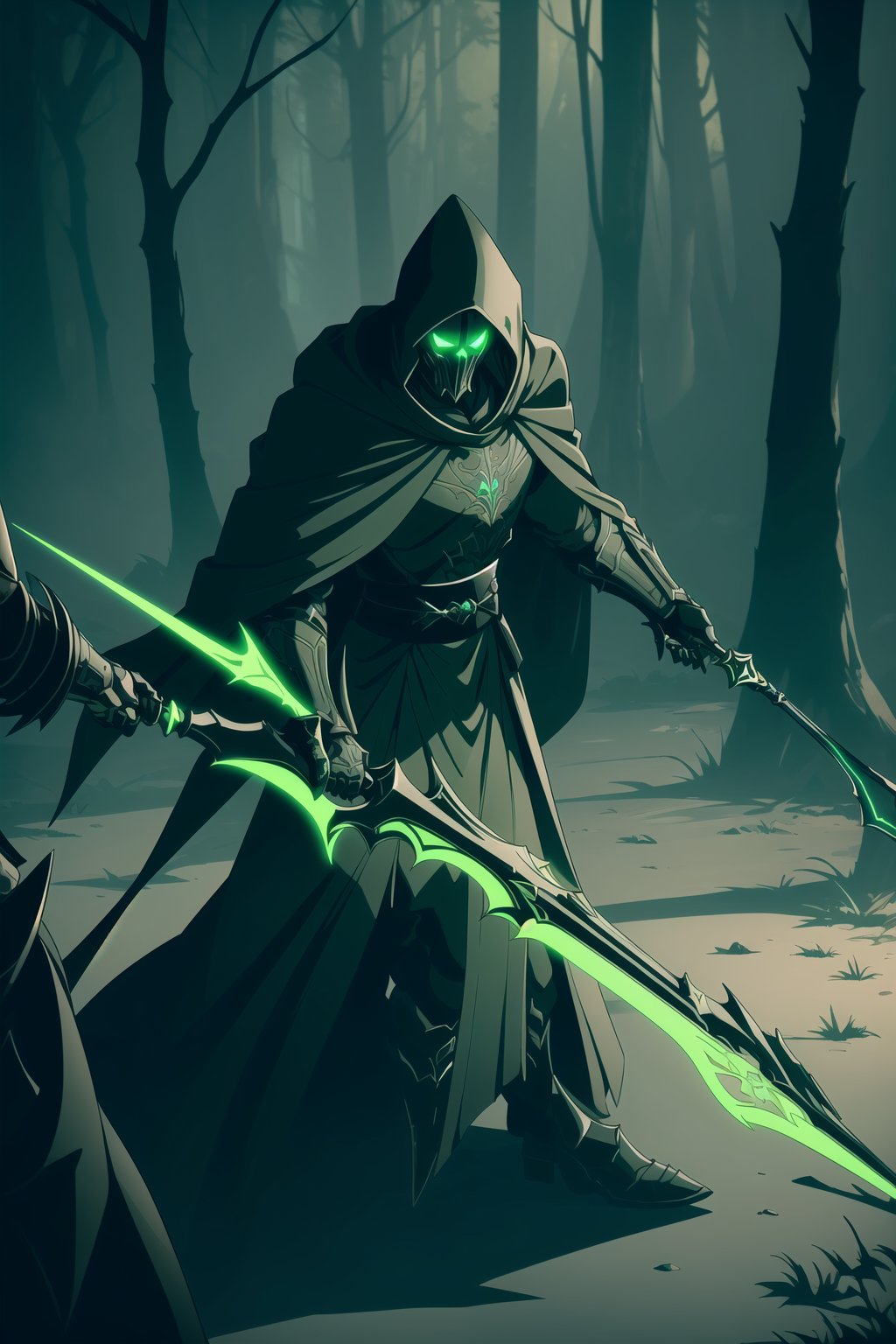 (Masterpiece, Best Quality), (Grim Reaper in Warframe Style Armor), (Masculine Appearance:1.4), (Muscular Frame Build:1.2), (Glowing Green Eyes), (Wearing Green and Black Grim Reaper-Themed Armored Robe, Black Hood, and Black Flowing Cloak:1.4), (Wielding a Green-Glowing Scythe:1.4) (Foggy Forest at Night:1.4), (Action Pose:1.4), Centered, (Half Body Shot:1.4), (From Front Shot:1.2), Insane Details, Intricate Face Detail, Intricate Hand Details, Cinematic Shot and Lighting, Realistic and Vibrant Colors, Sharp Focus, Ultra Detailed, Realistic Images, Depth of Field, Incredibly Realistic Environment and Scene, Master Composition and Cinematography, castlevania style,castlevania style,WARFRAME