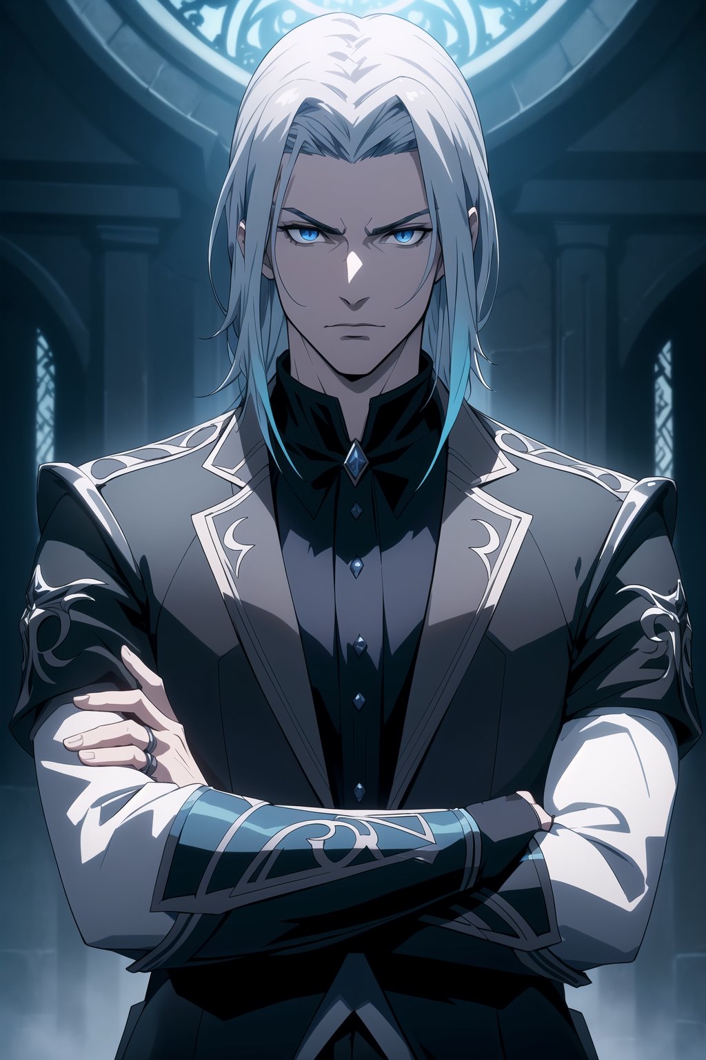 (Masterpiece, Best Quality),  (A Muscular 30-Year-Old Slavic Male Vampire Warrior), (Tousled Icy Blue Hair:1.2), (Pale Skin), (Sharp Blue Eyes), (Wearing Black Formal Attire with Silver Accent:1.4), (Dark Castle Hall at Night:1.4), (Crossed Arms Pose:1.4), Centered, (Half Body Shot:1.4), (From Front Shot:1.4), Insane Details, Intricate Face Detail, Intricate Hand Details, Cinematic Shot and Lighting, Realistic and Vibrant Colors, Sharp Focus, Ultra Detailed, Realistic Images, Depth of Field, Incredibly Realistic Environment and Scene, Master Composition and Cinematography,castlevania style