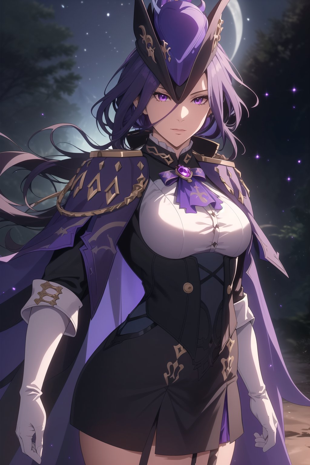 (Masterpiece, Best Quality), (Clorinde from Genshin Impact), (Long Purple Hair with Purple Musketeer Hat:1.4), (Purple Eyes:1.2), (Serious Looking:1.4), (Fair Skin), (Wearing White Shirt in Black Corset, White Gloves, Black Skirt, and Violet Short Cape:1.6), (Moonlit Pine Forest at Night:1.4), (Dynamic Pose:1.2), Centered, (Half Body Shot:1.4), (From Front Shot:1.4), Insane Details, Intricate Face Detail, Intricate Hand Details, Cinematic Shot and Lighting, Realistic and Vibrant Colors, Sharp Focus, Ultra Detailed, Realistic Images, Depth of Field, Incredibly Realistic Environment and Scene, Master Composition and Cinematography, castlevania style,castlevania style,clorinde (genshin impact)