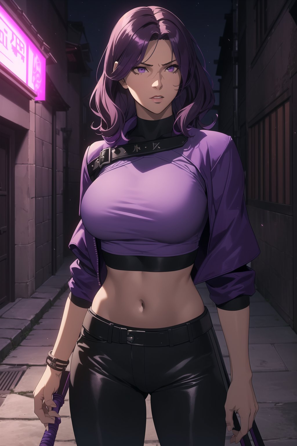 (Masterpiece, Best Quality), (A Rebel 25-Year-Old Japanese Female Resistance Leader), (Short Wavy Violet Hair:1.4), (Dark Purple Eyes:1.2), (Fair Skin:1.2), (Wearing Violet Resistance Member Jacket, Black Crop Top and Black Tight Pants:1.4), (Dystopian Rural City Alleyway at Night:1.4), (Dynamic Pose:1.2), Centered, (Half Body Shot:1.4), (From Front Shot:1.4), Insane Details, Intricate Face Detail, Intricate Hand Details, Cinematic Shot and Lighting, Realistic and Vibrant Colors, Sharp Focus, Ultra Detailed, Realistic Images, Depth of Field, Incredibly Realistic Environment and Scene, Master Composition and Cinematography,castlevania style