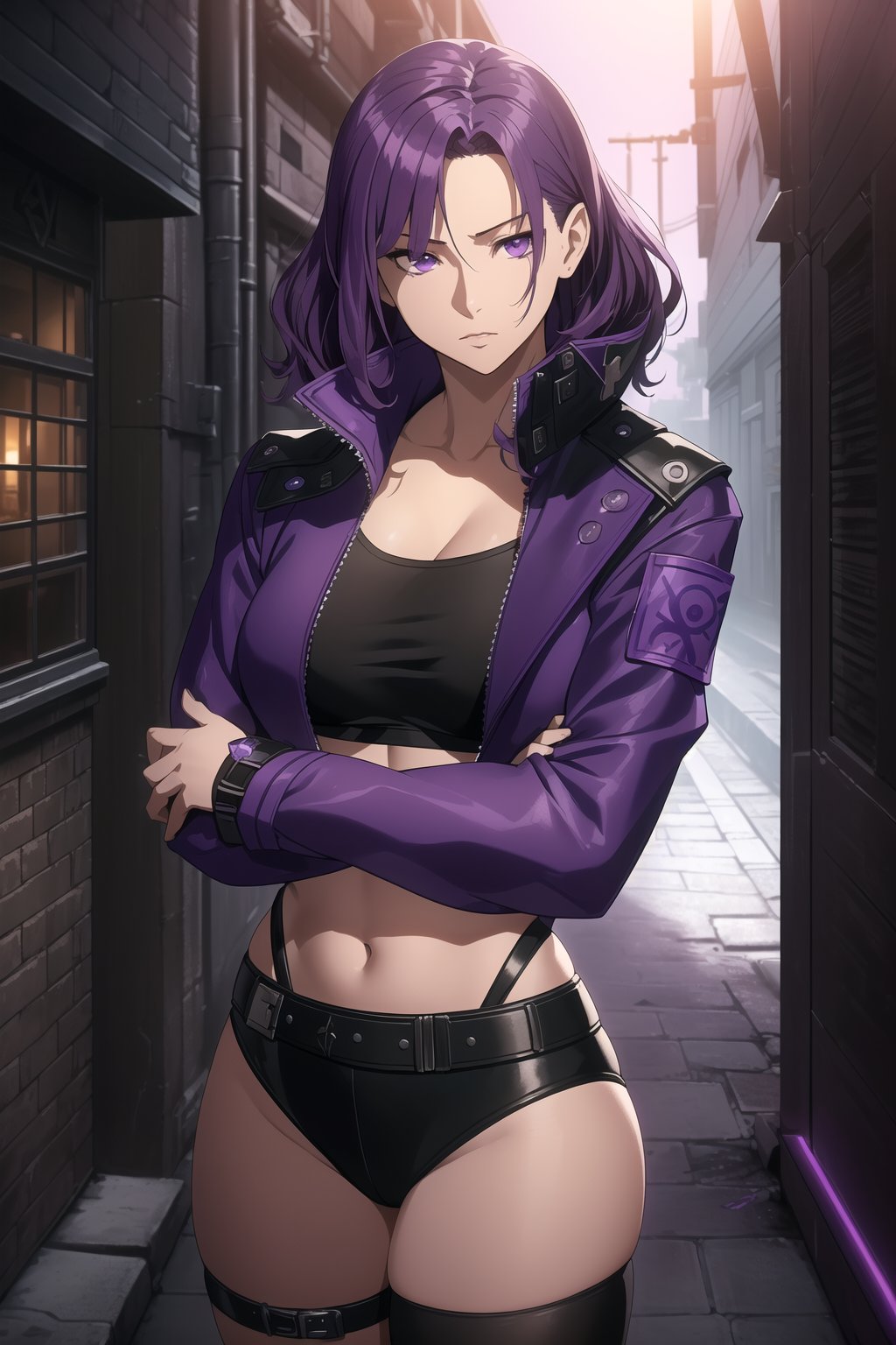 (Masterpiece, Best Quality), (A Rebel 25-Year-Old Japanese Female Resistance Leader), (Short Wavy Violet Hair:1.4), (Dark Purple Eyes), (Fair Skin:1.2), (Wearing Violet Resistance Member Jacket and Black Crop Top:1.4), (Dystopian Rural City Alleyway at Night:1.4), (Crossed Arms Pose:1.4), Centered, (Half Body Shot:1.4), (From Front Shot:1.4), Insane Details, Intricate Face Detail, Intricate Hand Details, Cinematic Shot and Lighting, Realistic and Vibrant Colors, Sharp Focus, Ultra Detailed, Realistic Images, Depth of Field, Incredibly Realistic Environment and Scene, Master Composition and Cinematography,castlevania style