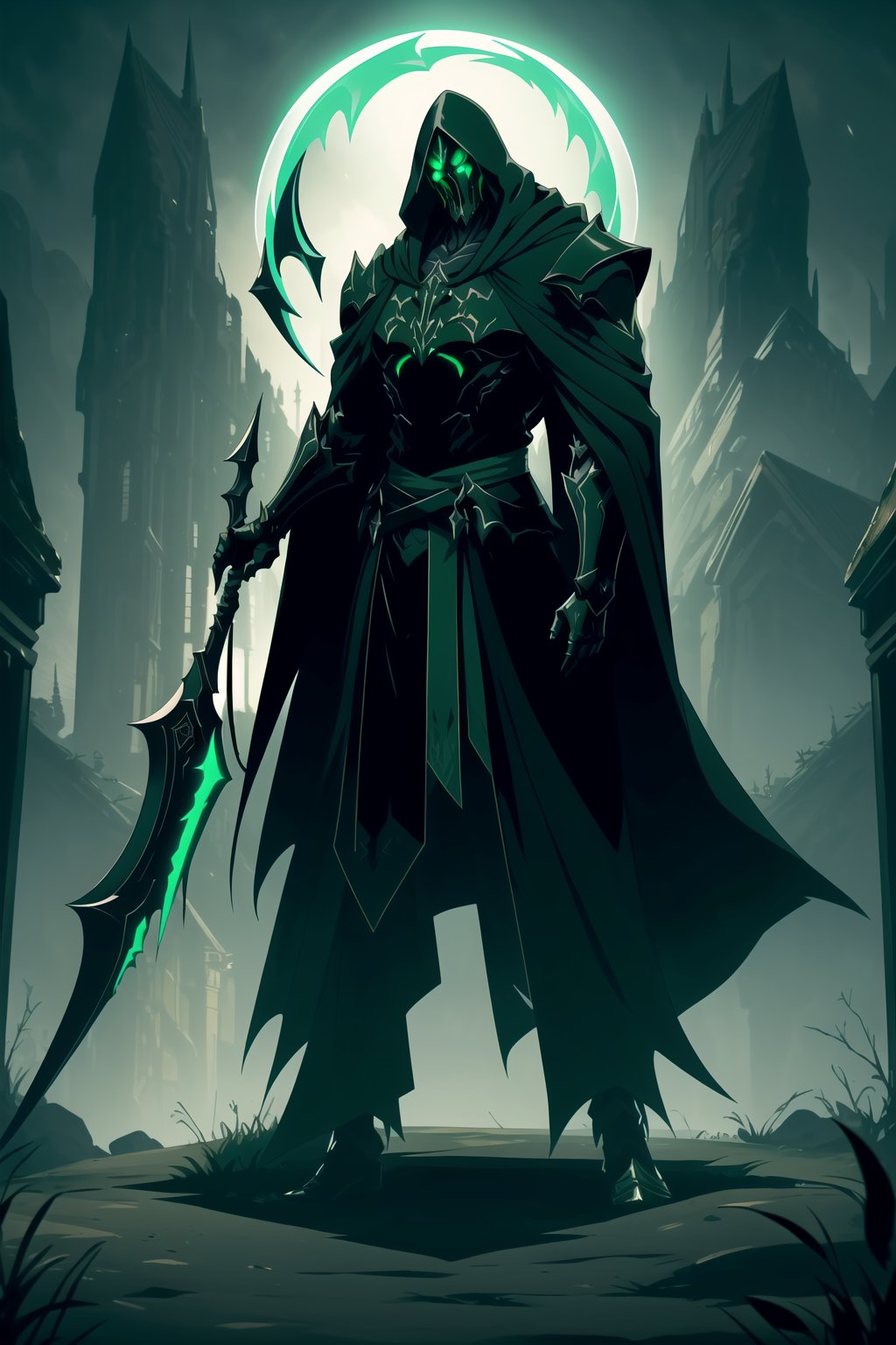 (Masterpiece, Best Quality), (Grim Reaper in Warframe Style Armor), (Masculine Appearance:1.4), (Muscular Frame Build:1.2), (Glowing Green Eyes), (Wearing Black and Green Grim Reaper-Themed Armored Robe and Black Flowing Cloak:1.4), (Wielding a Black Scythe:1.4), (Foggy Cemetery at Night:1.2), (Action Pose:1.4), Centered, (Full Body Shot:1.2), (From Front Shot:1.2), Insane Details, Intricate Face Detail, Intricate Hand Details, Cinematic Shot and Lighting, Realistic and Vibrant Colors, Sharp Focus, Ultra Detailed, Realistic Images, Depth of Field, Incredibly Realistic Environment and Scene, Master Composition and Cinematography, castlevania style,castlevania style,WARFRAME