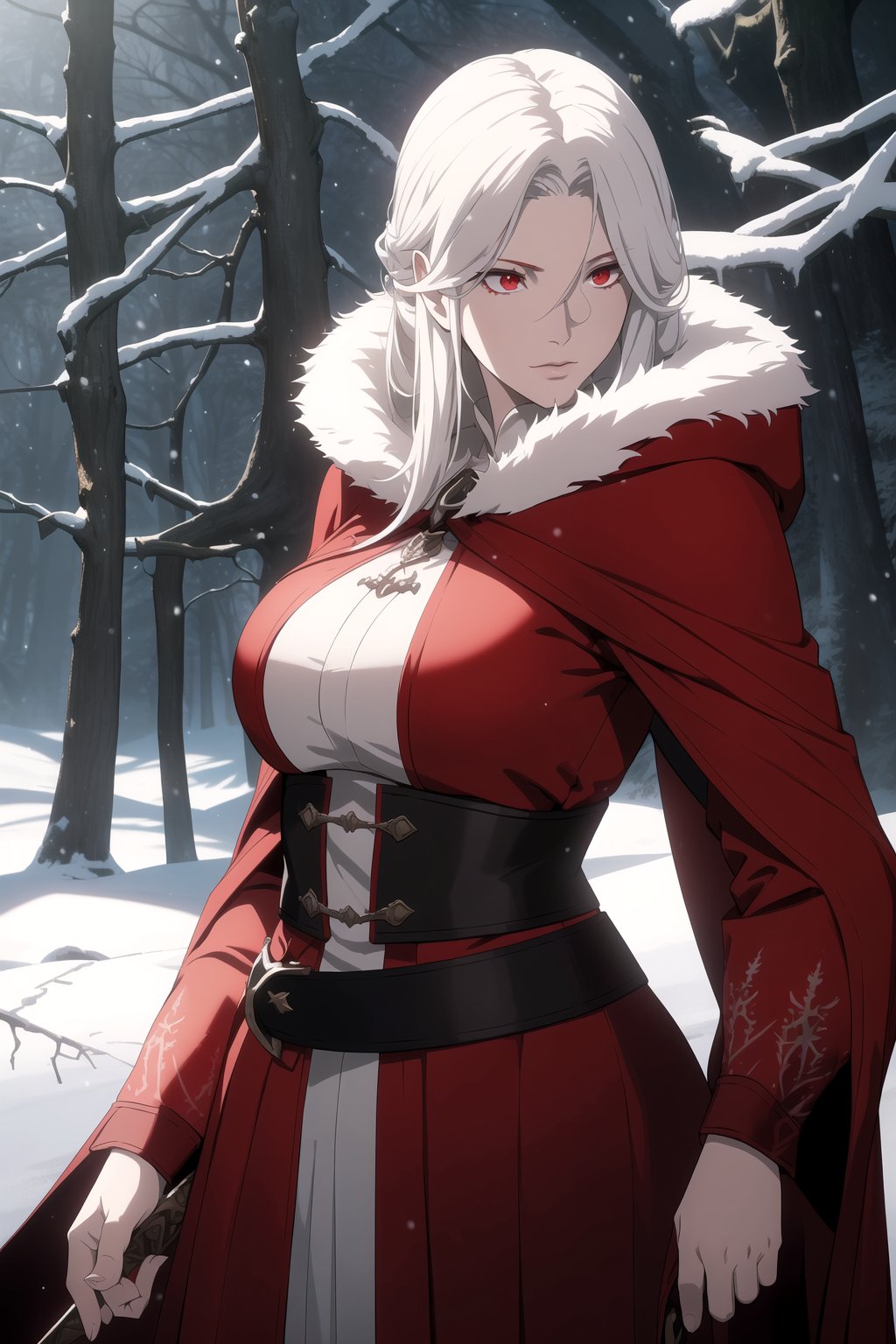 (Masterpiece, Best Quality), (A Gorgeous 30-Year-Old Female Blood Witch), (Unkempt White Hair), (Spirit-Seeing Red Eyes:1.2), (Aged and Blood-Marked Skin), (Red and White Hooded Witch Robe with Fur Cloak:1.2), (Mystical Snowy Forest at Night:1.4), (Standing Pose:1.4), Centered, (Half Body Shot:1.4), (From Front Shot:1.2), Insane Details, Intricate Face Detail, Intricate Hand Details, Cinematic Shot and Lighting, Realistic and Vibrant Colors, Sharp Focus, Ultra Detailed, Realistic Images, Depth of Field, Incredibly Realistic Environment and Scene, Master Composition and Cinematography, castlevania style,castlevania style