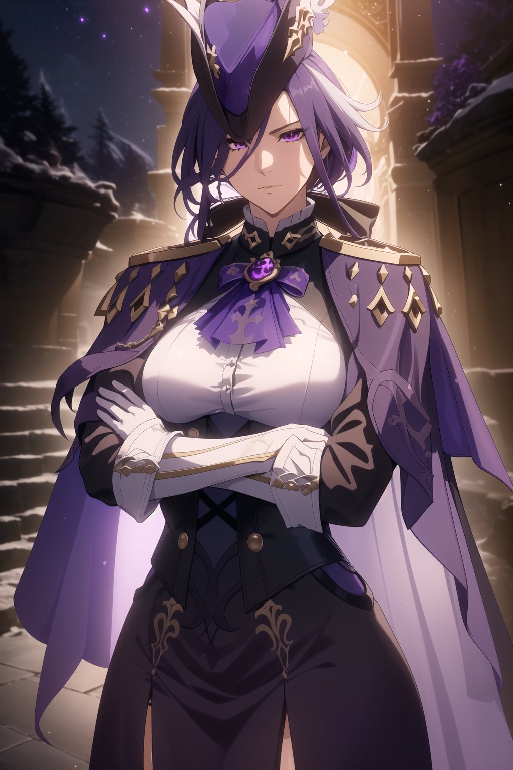 (Masterpiece, Best Quality), (Clorinde from Genshin Impact), (Long Purple Hair with Purple Musketeer Hat:1.4), (Purple Eyes:1.2), (Serious Looking:1.4), (Fair Skin), (Wearing White Shirt in Black Corset, White Gloves, and Violet Short Cape:1.6), (Moonlit Pine Forest at Night:1.4), (Crossed Arms Pose:1.4), Centered, (Half Body Shot:1.4), (From Front Shot:1.4), Insane Details, Intricate Face Detail, Intricate Hand Details, Cinematic Shot and Lighting, Realistic and Vibrant Colors, Sharp Focus, Ultra Detailed, Realistic Images, Depth of Field, Incredibly Realistic Environment and Scene, Master Composition and Cinematography, castlevania style,castlevania style,clorinde (genshin impact)