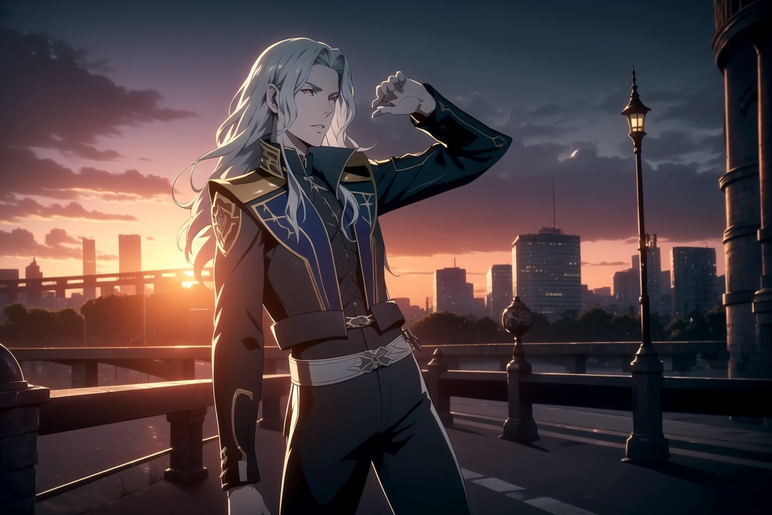 (One Person), (A Handsome 25-Years-old British Male Werewolf Swordsman), (Long Flowing Silver Hair:1.4), (Pale Skin:1.2), (Dark Red Eyes), (Wearing Blue Leather Long Jacket and Black Long Pants:1.4), (City Road at Evening with Sunset:1.6), (Dynamic Pose:1.4), Centered, (Waist-up Shot:1.4), From Front Shot, Insane Details, Intricate Face Detail, Intricate Hand Details, Cinematic Shot and Lighting, Realistic and Vibrant Colors, Masterpiece, Sharp Focus, Ultra Detailed, Taken with DSLR camera, Realistic Photography, Depth of Field, Incredibly Realistic Environment and Scene, Master Composition and Cinematography, neuvillette, castlevania style