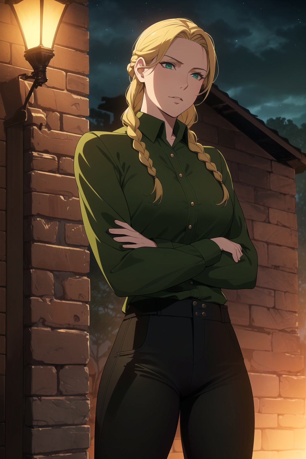 (Masterpiece, Best Quality), (A Resilient 25-Year-Old British Female Hunter), (Blonde Hair in a Singular Braid:1.4), (Observant Green Eyes), (Fair Skin), (Wearing Loose-buttoned Dark Green Shirt and Black Tight Pants:1.4), (Outback Wilderness at Night:1.2), (Crossed Arms Pose:1.4), Centered, (Half Body Shot:1.4), (From Front Shot:1.2), Insane Details, Intricate Face Detail, Intricate Hand Details, Cinematic Shot and Lighting, Realistic and Vibrant Colors, Sharp Focus, Ultra Detailed, Realistic Images, Depth of Field, Incredibly Realistic Environment and Scene, Master Composition and Cinematography, castlevania style,castlevania style