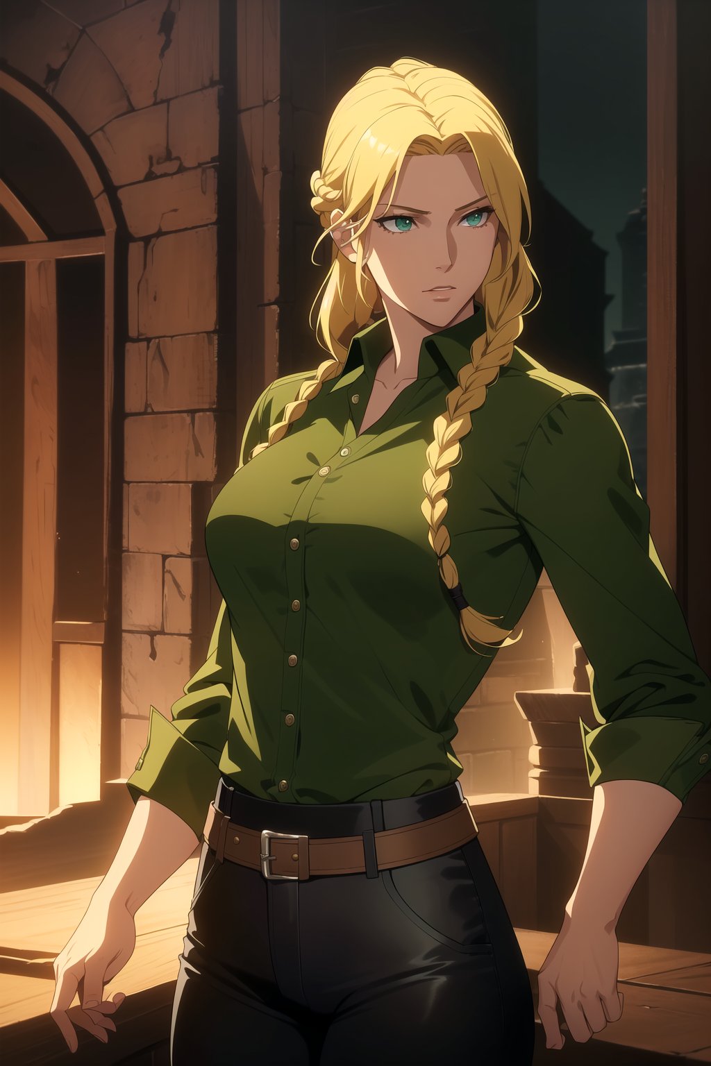 (Masterpiece, Best Quality), (A Resilient 25-Year-Old British Female Hunter), (Blonde Hair in a Singular Braid:1.4), (Observant Green Eyes), (Fair Skin), (Wearing Loose-buttoned Dark Green Shirt and Black Tight Pants:1.4), (Outback Wilderness at Night:1.2), (Standing Pose:1.4), Centered, (Half Body Shot:1.4), (From Front Shot:1.2), Insane Details, Intricate Face Detail, Intricate Hand Details, Cinematic Shot and Lighting, Realistic and Vibrant Colors, Sharp Focus, Ultra Detailed, Realistic Images, Depth of Field, Incredibly Realistic Environment and Scene, Master Composition and Cinematography, castlevania style,castlevania style