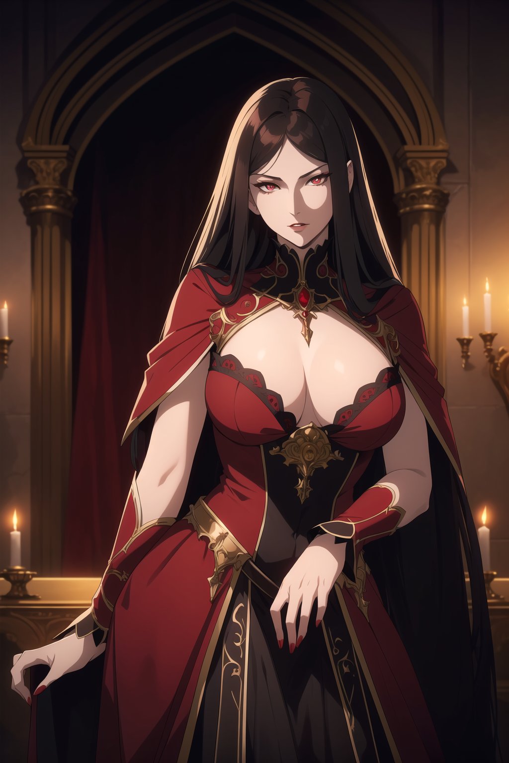 (Masterpiece, Best Quality),  (A Regal 30-Year-Old Looking Female Vampire Queen), (Flowing Ebony Hair), (Regal Ruby Eyes), (Pallid and Alluring Skin), (Wearing Queenly Red Vampire Gown), (Dark Castle Altar:1.2), (Elegant Pose:1.4), Centered, (Half Body Shot:1.4), (From Front Shot:1.4), Insane Details, Intricate Face Detail, Intricate Hand Details, Cinematic Shot and Lighting, Realistic and Vibrant Colors, Sharp Focus, Ultra Detailed, Realistic Images, Depth of Field, Incredibly Realistic Environment and Scene, Master Composition and Cinematography,castlevania style