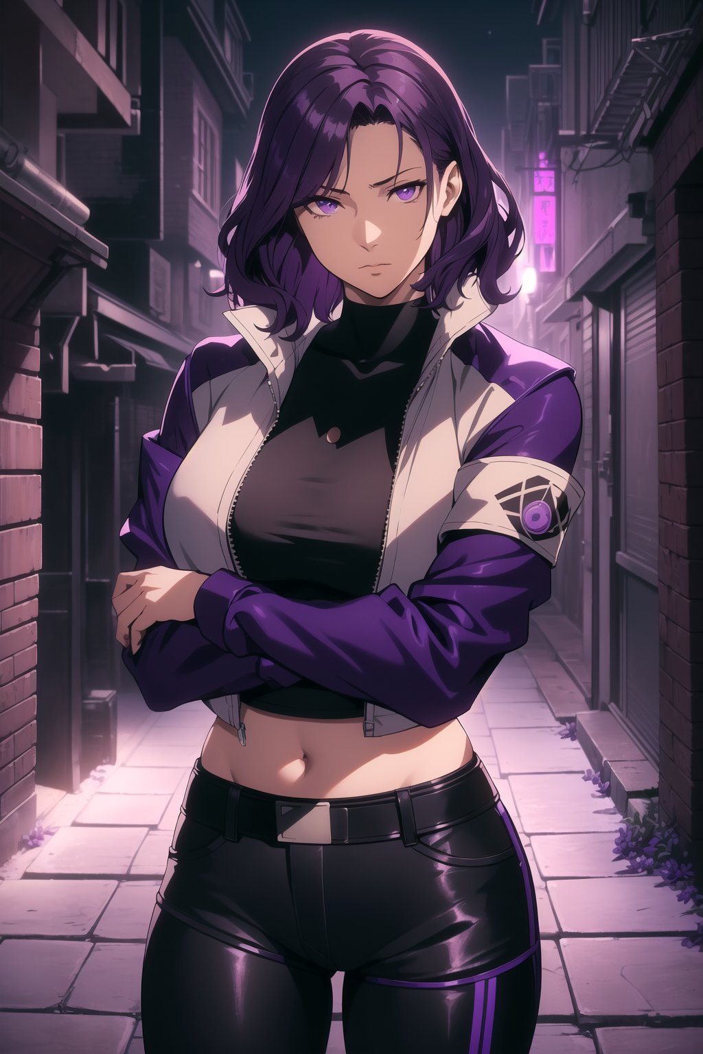 (Masterpiece, Best Quality), (A Rebel 25-Year-Old Japanese Female Resistance Leader), (Short Wavy Violet Hair:1.4), (Dark Purple Eyes), (Fair Skin:1.2), (Wearing Violet Resistance Member Jacket, Black Crop Top and Black Tight Pants:1.4), (Dystopian Rural City Alleyway at Night:1.4), (Crossed Arms Pose:1.4), Centered, (Half Body Shot:1.4), (From Front Shot:1.4), Insane Details, Intricate Face Detail, Intricate Hand Details, Cinematic Shot and Lighting, Realistic and Vibrant Colors, Sharp Focus, Ultra Detailed, Realistic Images, Depth of Field, Incredibly Realistic Environment and Scene, Master Composition and Cinematography,castlevania style