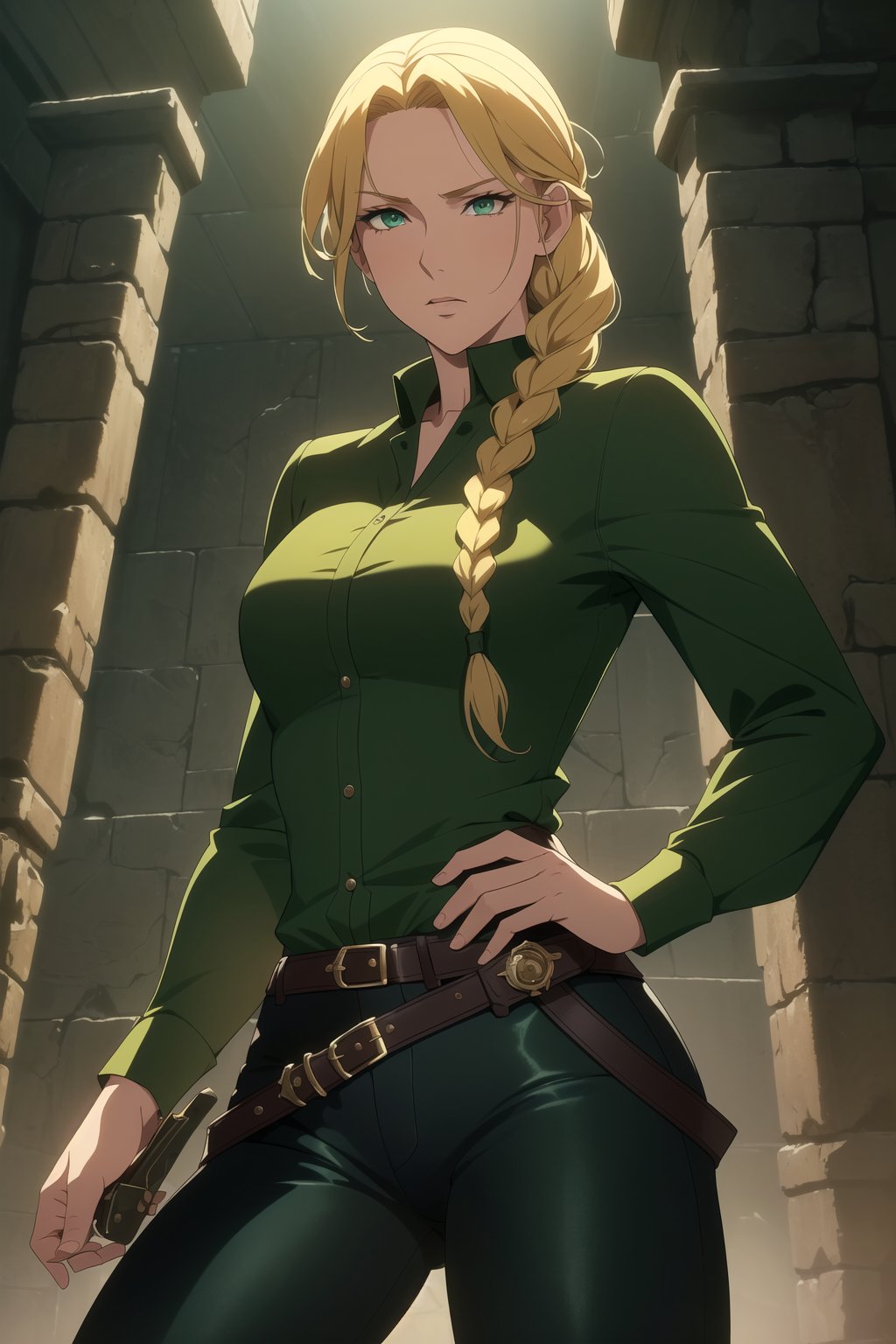 (Masterpiece, Best Quality), (A Resilient 25-Year-Old British Female Hunter), (Blonde Hair in a Singular Braid:1.4), (Observant Green Eyes), (Fair Skin), (Wearing Loose-buttoned Dark Green Shirt and Black Tight Pants:1.4), (Outback Wilderness at Night:1.2), (Hands on Hips Pose:1.2), Centered, (Half Body Shot:1.4), (From Front Shot:1.4), Insane Details, Intricate Face Detail, Intricate Hand Details, Cinematic Shot and Lighting, Realistic and Vibrant Colors, Sharp Focus, Ultra Detailed, Realistic Images, Depth of Field, Incredibly Realistic Environment and Scene, Master Composition and Cinematography,castlevania style