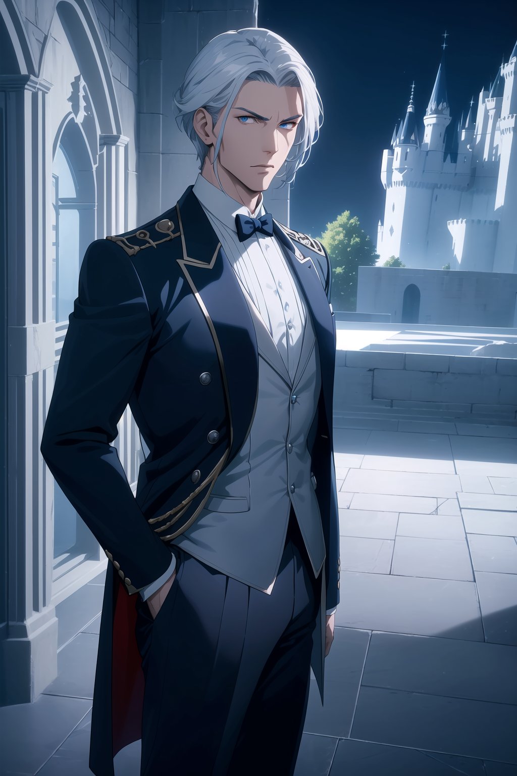 (Masterpiece, Best Quality), (A Strong 30-Year-Old Male Vampire Warrior), (Icy Blue Tousled Hair:1.4), (Sharp Silver Eyes), (Fair Skin), (Wearing Navy Blue Formal Attire with Silvery Accent:1.4), (Castle Hall at Night:1.4), (One Hand on Hips Pose:1.4), Centered, (Half Body Shot:1.6), (From Front Shot:1.4), Insane Details, Intricate Face Detail, Intricate Hand Details, Cinematic Shot and Lighting, Realistic and Vibrant Colors, Sharp Focus, Ultra Detailed, Realistic Images, Depth of Field, Incredibly Realistic Environment and Scene, Master Composition and Cinematography,castlevania style