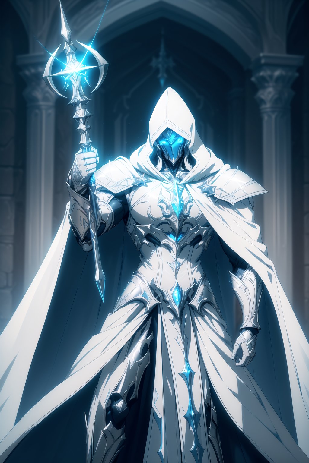 (Masterpiece, Best Quality), (Battle Priest in Warframe Style Armor), (Masculine Appearance:1.4), (Muscular Frame Build:1.2), (Glowing Blue Eyes), (Wearing White and Blue Templar-Themed Armored Robe, White Hood, and White Flowing Cloak:1.4), (Wielding a Silver Mace:1.4) (Cathedral Hall at Night:1.4), (Action Pose:1.4), Centered, (Half Body Shot:1.4), (From Front Shot:1.2), Insane Details, Intricate Face Detail, Intricate Hand Details, Cinematic Shot and Lighting, Realistic and Vibrant Colors, Sharp Focus, Ultra Detailed, Realistic Images, Depth of Field, Incredibly Realistic Environment and Scene, Master Composition and Cinematography, castlevania style,castlevania style,WARFRAME