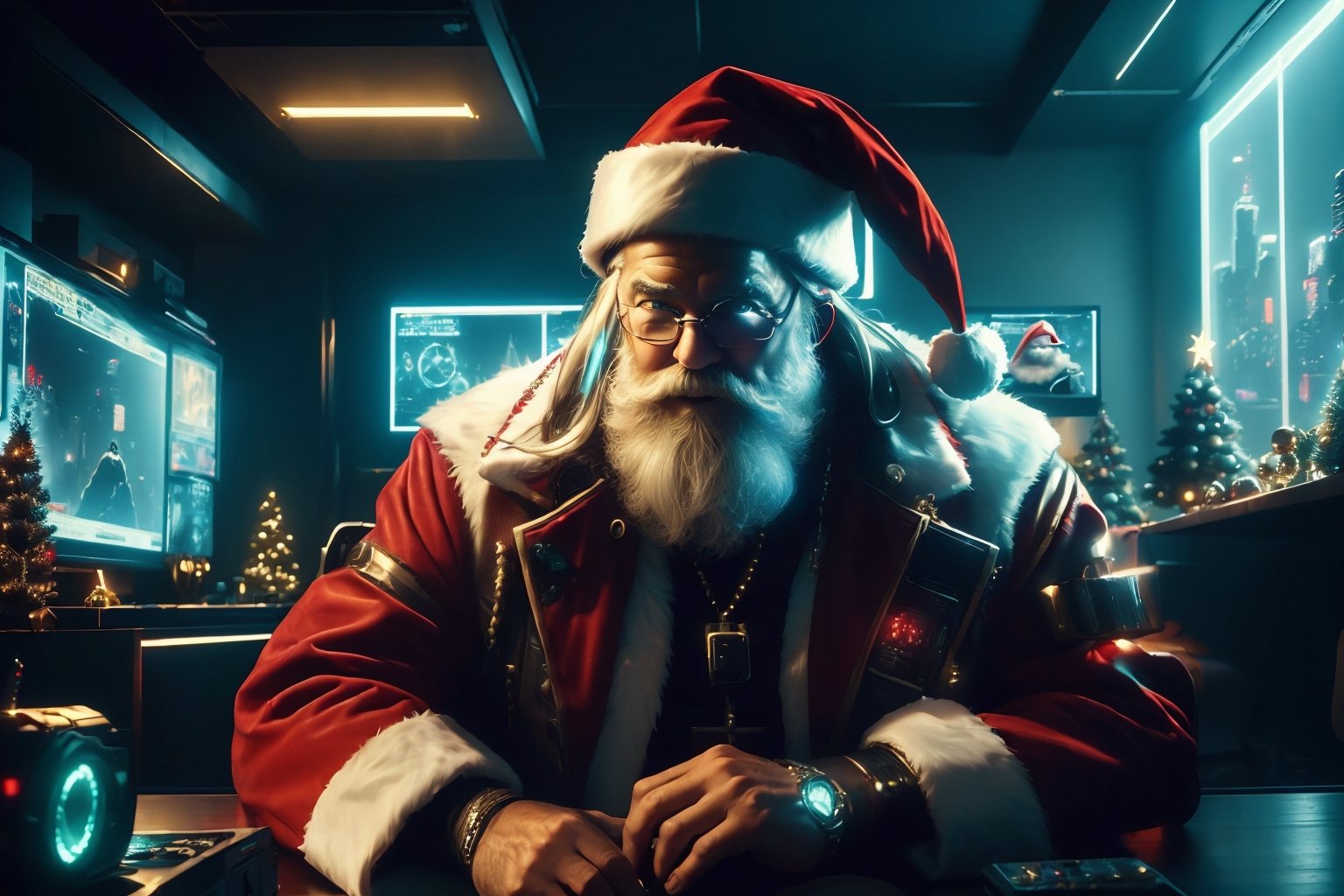 (One Person:1.6), Cyberpunk Santa Claus Sitting in His High-tech House, (Cyberpunk Atmosphere:1.4), (A Christmast Tree and Hall Full of Monitors Inside his House), Insane Details, Intricate Face Detail, Intricate Hand Details, Cinematic Shot and Lighting, Realistic Colors, Masterpiece, Sharp Focus, Highly Detailed, Taken with DSLR Camera, Realistic Photography, Depth of Field, Incredibly Realistic Environment and Scene, Master Composition and Cinematography, Santa Claus,C7b3rp0nkStyle