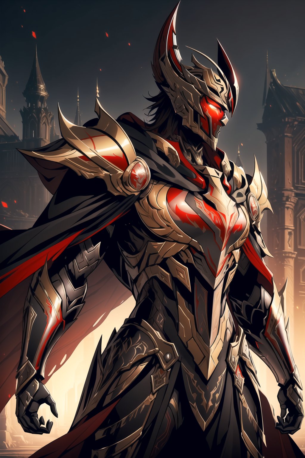 (Masterpiece, Best Quality), (Spartan Warrior in Warframe Style Armor), (Masculine Appearance:1.4), (Muscular Frame Build:1.2), (Glowing Golden Eyes), (Wearing Red and Black Spartan-Themed Armor, Red Feathered Helmet, and Black Flowing Cloak:1.4), (Colloseum Arena at Noon:1.2), (Action Pose:1.4), Centered, (Half Body Shot:1.4), (From Front Shot:1.2), Insane Details, Intricate Face Detail, Intricate Hand Details, Cinematic Shot and Lighting, Realistic and Vibrant Colors, Sharp Focus, Ultra Detailed, Realistic Images, Depth of Field, Incredibly Realistic Environment and Scene, Master Composition and Cinematography, castlevania style,castlevania style,WARFRAME