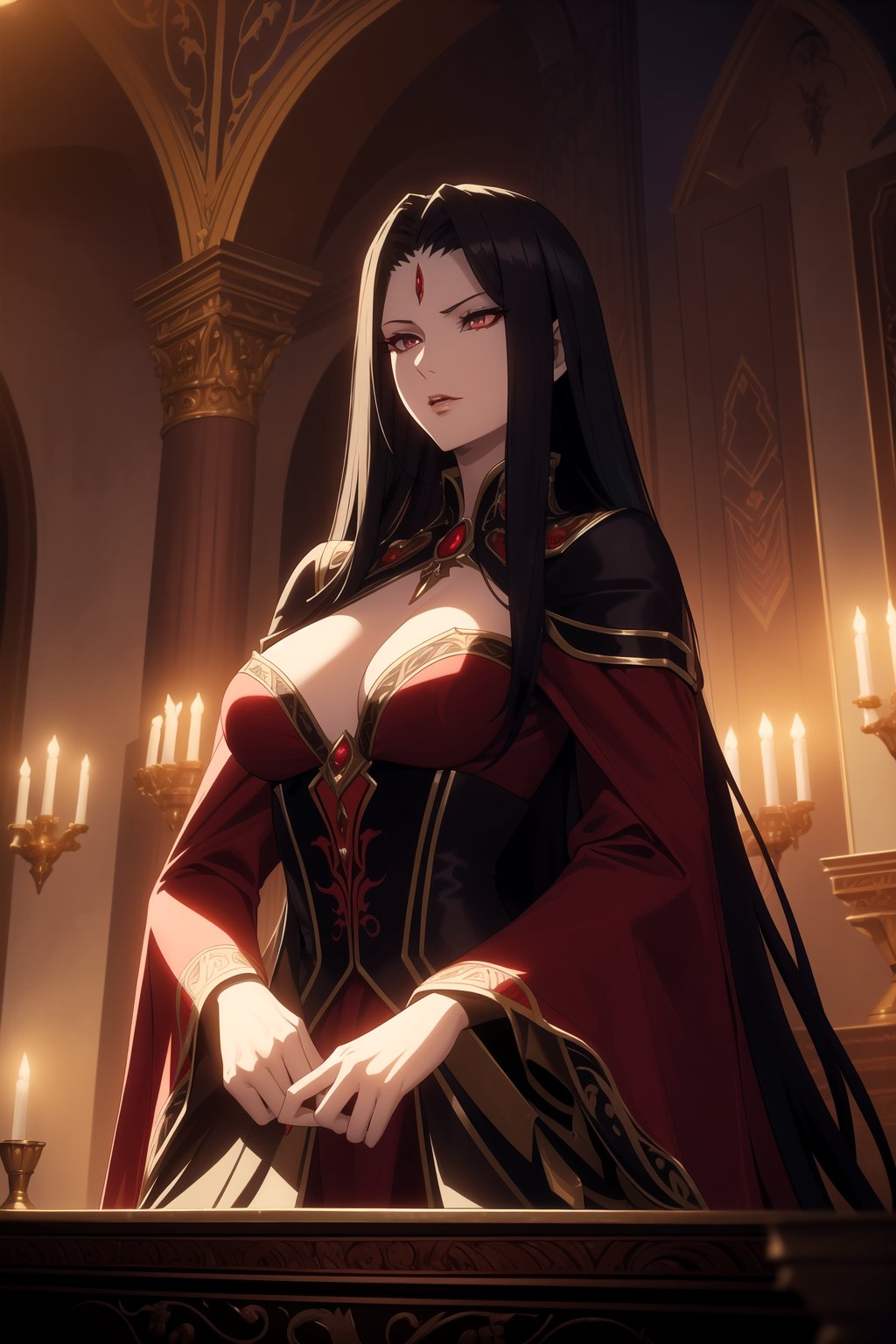 (Masterpiece, Best Quality),  (A Regal 30-Year-Old Looking Female Vampire Queen), (Flowing Ebony Hair), (Regal Ruby Eyes), (Pallid and Alluring Skin), (Wearing Queenly Red Vampire Gown), (Dark Castle Altar:1.2), (Elegant Pose:1.4), Centered, (Half Body Shot:1.4), (From Front Shot:1.4), Insane Details, Intricate Face Detail, Intricate Hand Details, Cinematic Shot and Lighting, Realistic and Vibrant Colors, Sharp Focus, Ultra Detailed, Realistic Images, Depth of Field, Incredibly Realistic Environment and Scene, Master Composition and Cinematography,castlevania style