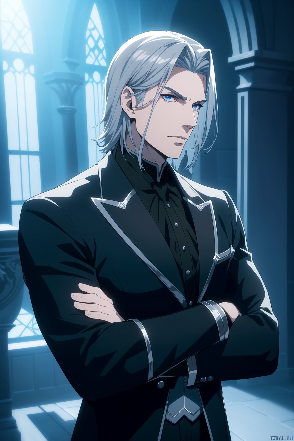 (Masterpiece, Best Quality),  (A Muscular 30-Year-Old Slavic Male Vampire Warrior), (Tousled Icy Blue Hair:1.2), (Pale Skin), (Sharp Blue Eyes), (Wearing Black Formal Attire with Silver Accent:1.4), (Dark Castle Hall at Night:1.4), (Crossed Arms Pose:1.4), Centered, (Half Body Shot:1.4), (From Front Shot:1.4), Insane Details, Intricate Face Detail, Intricate Hand Details, Cinematic Shot and Lighting, Realistic and Vibrant Colors, Sharp Focus, Ultra Detailed, Realistic Images, Depth of Field, Incredibly Realistic Environment and Scene, Master Composition and Cinematography,castlevania style