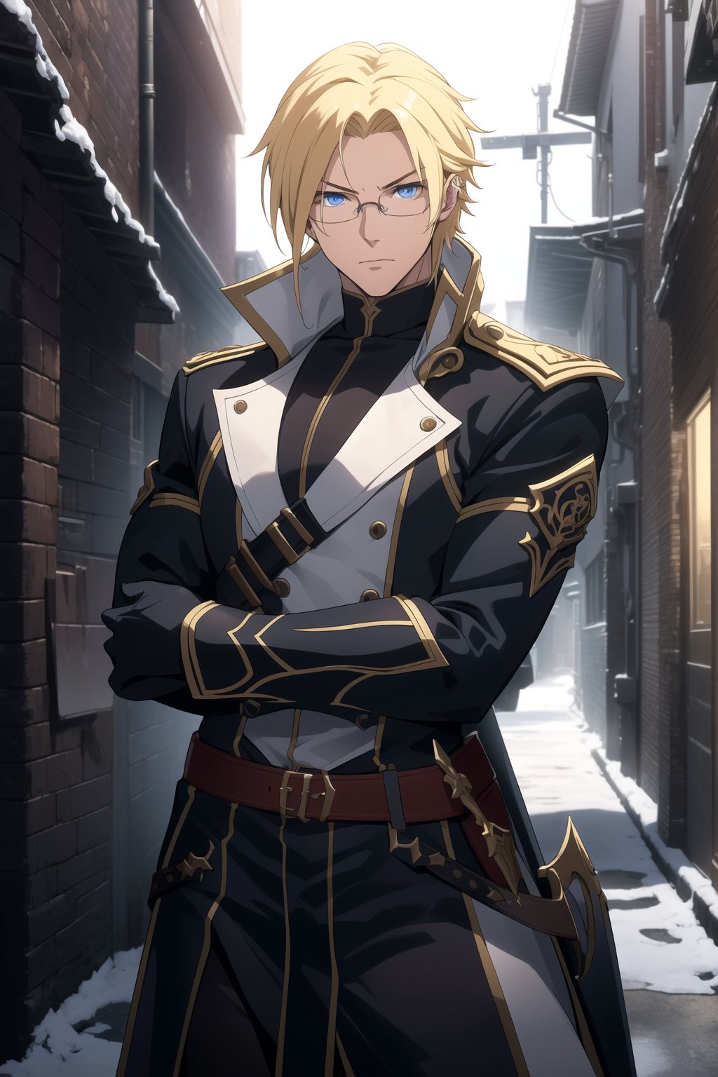 (Masterpiece, Best Quality), (A Youthful 23-Year-Old European Male Demon Slayer), (Messy Blonde Hair), (Piercing Blue Eyes with Glasses), (Fair Skin), (Clad in White Tactical Modern Demon Hunter Attire), (Urban Alley at Night:1.4), (Dynamic Pose:1.2), Centered, (Half Body Shot:1.4), (From Front Shot:1.4), Insane Details, Intricate Face Detail, Intricate Hand Details, Cinematic Shot and Lighting, Realistic and Vibrant Colors, Sharp Focus, Ultra Detailed, Realistic Images, Depth of Field, Incredibly Realistic Environment and Scene, Master Composition and Cinematography,castlevania style