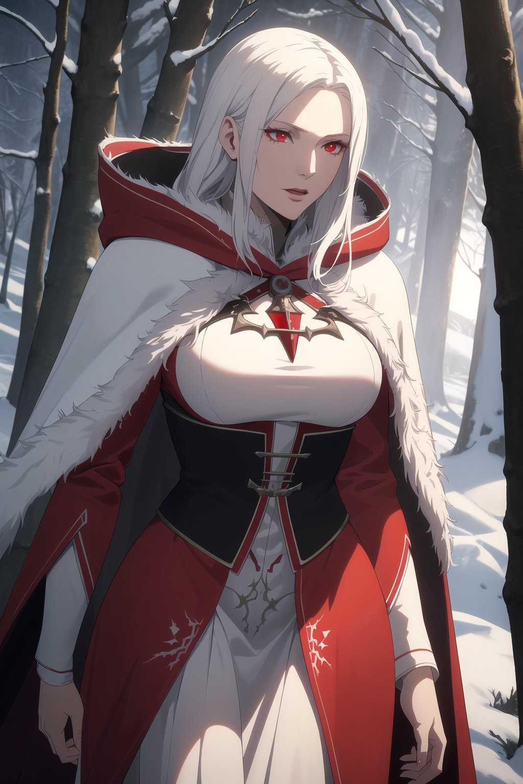 (Masterpiece, Best Quality), (A Gorgeous 30-Year-Old Female Blood Witch), (Unkempt White Hair), (Spirit-Seeing Red Eyes:1.2), (Aged and Blood-Marked Skin), (Red and White Hooded Witch Robe with Fur Cloak:1.2), (Mystical Snowy Forest at Night:1.4), (Walking Pose:1.4), Centered, (Half Body Shot:1.4), (From Front Shot:1.2), Insane Details, Intricate Face Detail, Intricate Hand Details, Cinematic Shot and Lighting, Realistic and Vibrant Colors, Sharp Focus, Ultra Detailed, Realistic Images, Depth of Field, Incredibly Realistic Environment and Scene, Master Composition and Cinematography, castlevania style,castlevania style