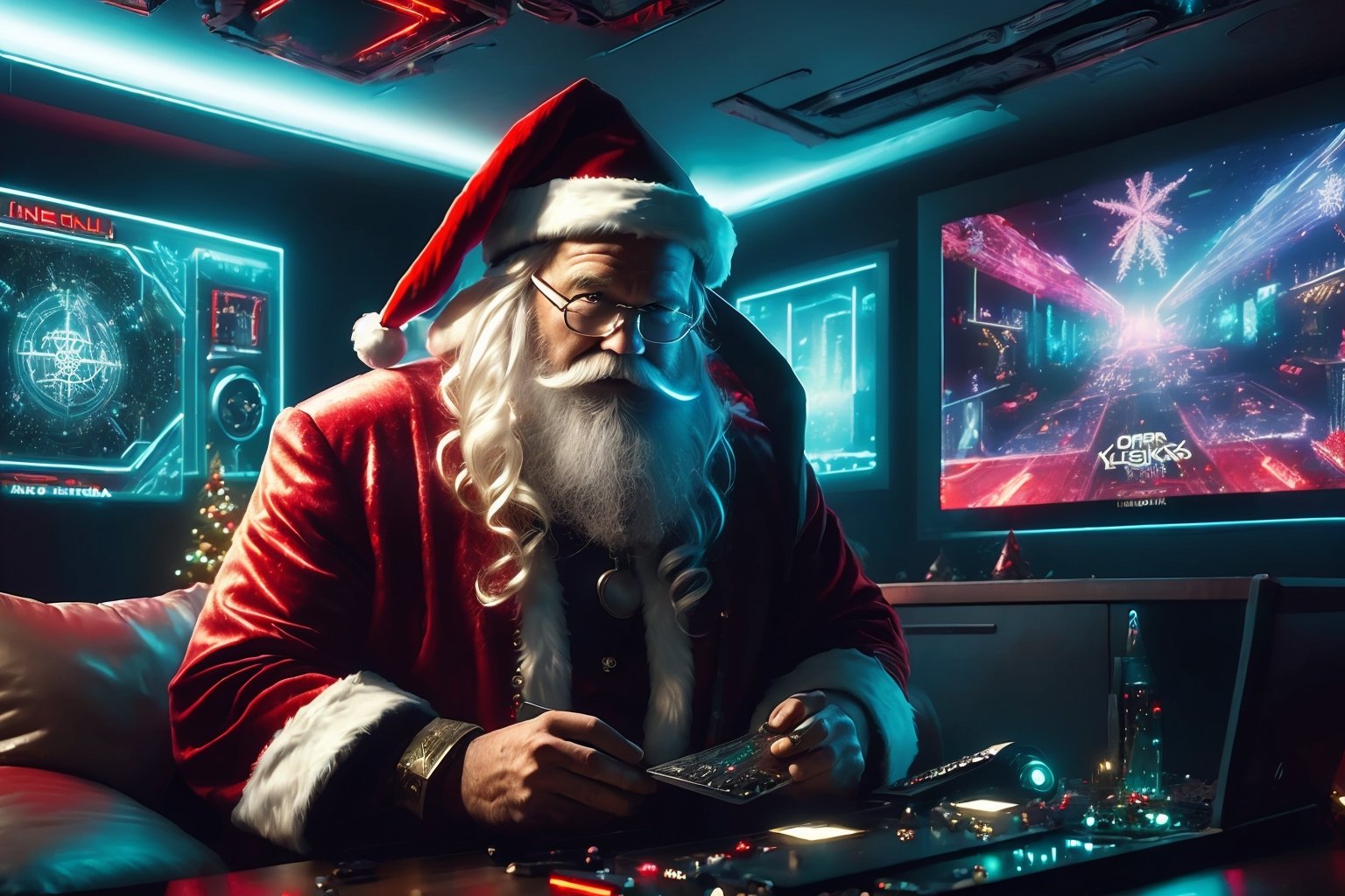 (One Person:1.6), Cyberpunk Santa Claus Sitting in His High-tech House, (Cyberpunk Atmosphere:1.4), (A Christmast Tree and Hall Full of Holographic Monitors Inside his House), Insane Details, Intricate Face Detail, Intricate Hand Details, Cinematic Shot and Lighting, Realistic Colors, Masterpiece, Sharp Focus, Highly Detailed, Taken with DSLR Camera, Realistic Photography, Depth of Field, Incredibly Realistic Environment and Scene, Master Composition and Cinematography, Santa Claus,C7b3rp0nkStyle