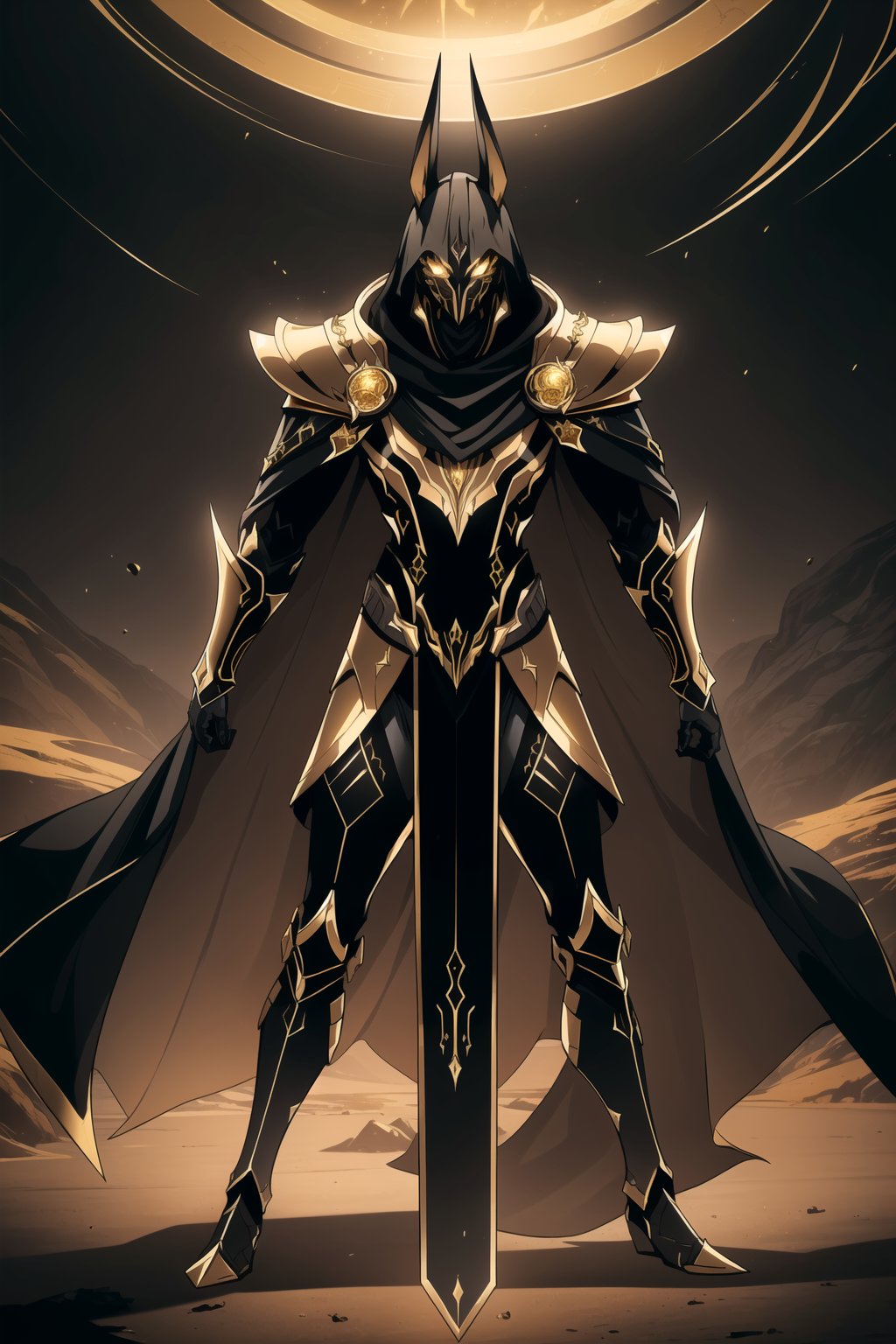 (Masterpiece, Best Quality), (Anubis Warrior in Warframe Style Armor), (Glowing Golden Eyes), (Wearing Black and Gold Anubis-Themed Armor and Black Flowing Cloak:1.4), (Barren Desert at Noon:1.2), (Action Pose:1.4), Centered, (Half Body Shot:1.4), (From Front Shot:1.2), Insane Details, Intricate Face Detail, Intricate Hand Details, Cinematic Shot and Lighting, Realistic and Vibrant Colors, Sharp Focus, Ultra Detailed, Realistic Images, Depth of Field, Incredibly Realistic Environment and Scene, Master Composition and Cinematography, castlevania style,castlevania style,WARFRAME