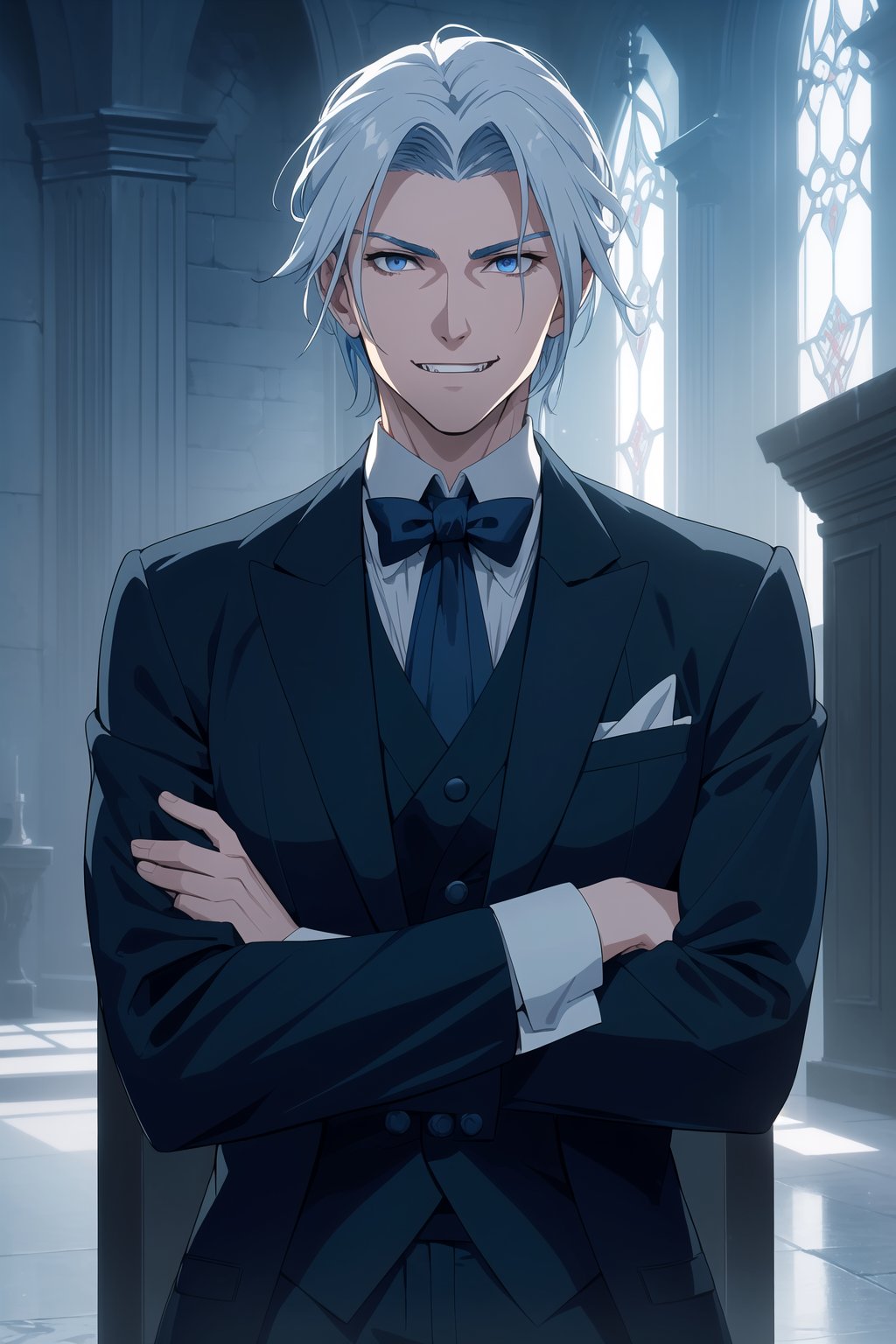 (Masterpiece, Best Quality), (A Stern 30-Year-Old Male Vampire Warrior), (Icy Blue Touseled Hair:1.4), (Sharp Silver Eyes), (Fair Skin), (Thin Smile with Hidden Fangs:1.4), (Wearing Navy Blue Formal Suit:1.4), (Castle Hall at Night:1.4), (Crossed Arms Pose:1.4), Centered, (Half Body Shot:1.6), (From Front Shot:1.4), Insane Details, Intricate Face Detail, Intricate Hand Details, Cinematic Shot and Lighting, Realistic and Vibrant Colors, Sharp Focus, Ultra Detailed, Realistic Images, Depth of Field, Incredibly Realistic Environment and Scene, Master Composition and Cinematography,castlevania style