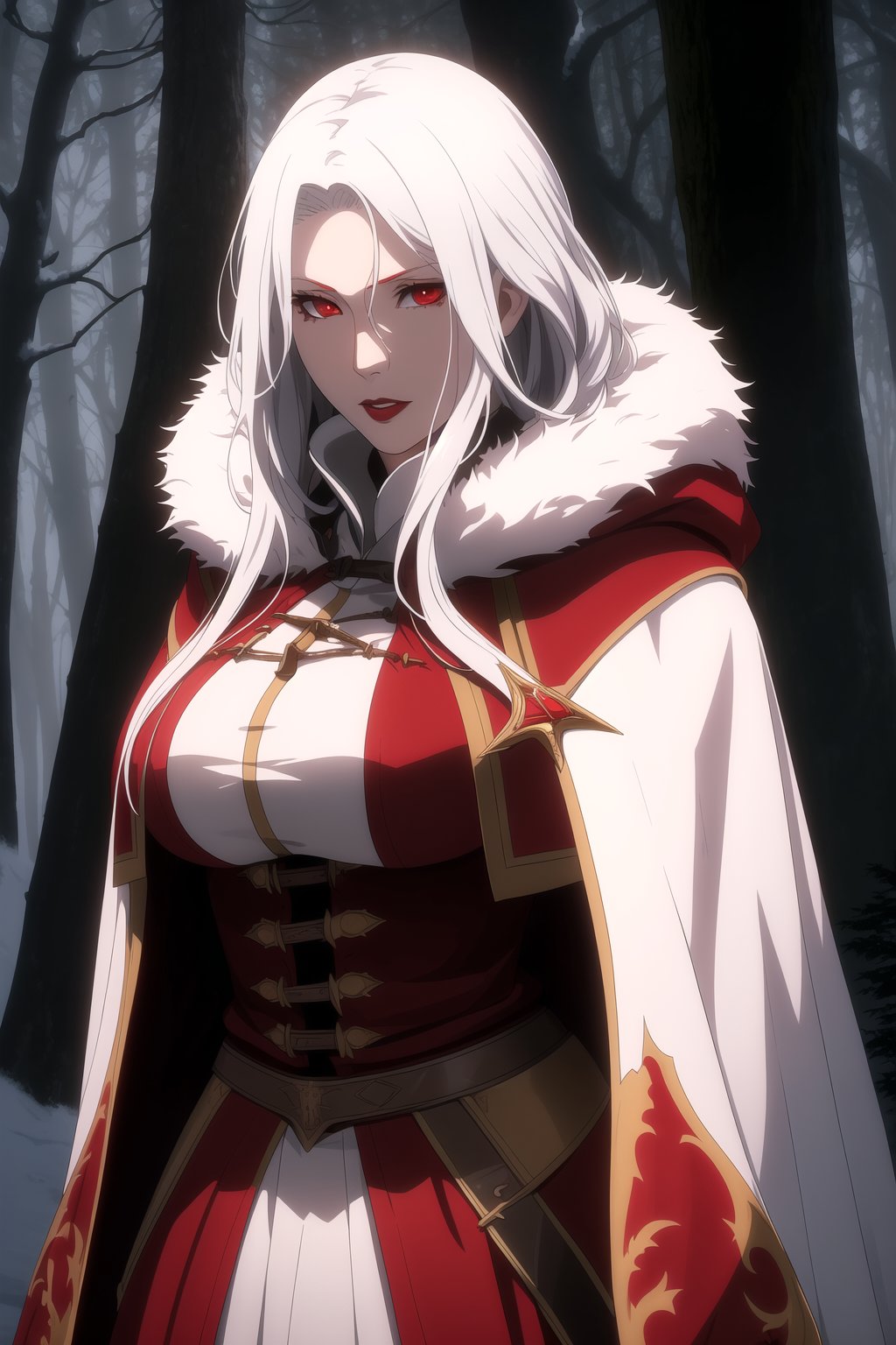 (Masterpiece, Best Quality), (A Gorgeous 30-Year-Old Female Blood Witch), (Unkempt White Hair), (Spirit-Seeing Red Eyes:1.2), (Aged and Blood-Marked Skin), (Red and White Hooded Witch Robe with Fur Cloak:1.2), (Mystical Snowy Forest at Night:1.4), (Standing Pose:1.4), Centered, (Half Body Shot:1.4), (From Front Shot:1.2), Insane Details, Intricate Face Detail, Intricate Hand Details, Cinematic Shot and Lighting, Realistic and Vibrant Colors, Sharp Focus, Ultra Detailed, Realistic Images, Depth of Field, Incredibly Realistic Environment and Scene, Master Composition and Cinematography, castlevania style,castlevania style