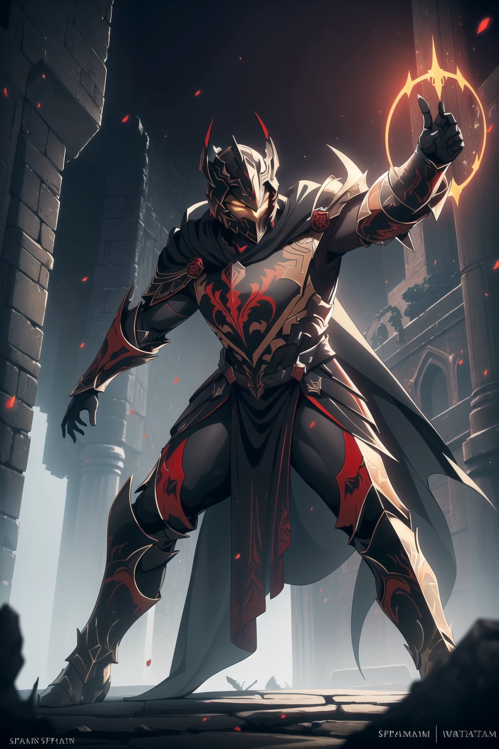 (Masterpiece, Best Quality), (Spartan Warrior in Warframe Style Armor), (Glowing Golden Eyes), (Wearing Red and Black Spartan-Themed Armor and Black Flowing Cloak:1.4), (Colloseum Arena at Noon:1.2), (Action Pose:1.4), Centered, (Half Body Shot:1.4), (From Front Shot:1.2), Insane Details, Intricate Face Detail, Intricate Hand Details, Cinematic Shot and Lighting, Realistic and Vibrant Colors, Sharp Focus, Ultra Detailed, Realistic Images, Depth of Field, Incredibly Realistic Environment and Scene, Master Composition and Cinematography, castlevania style,castlevania style,WARFRAME