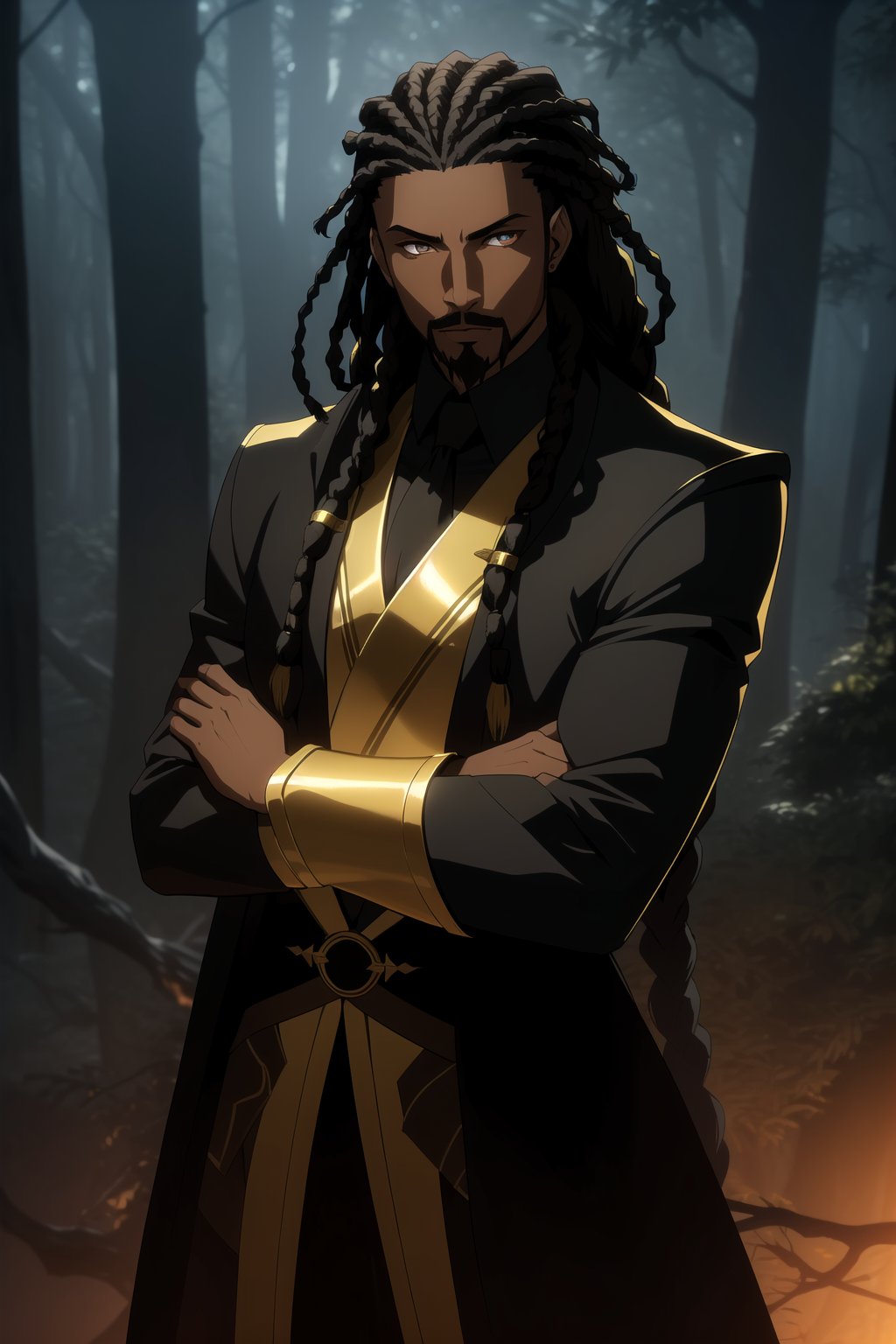 (Masterpiece, Best Quality),  (A Fierce 30-Year-Old African-American Male Shadow Mage), (Dreadlocked Black Hair with Thin Black Goatee:1.4), (Ebony Skin), (Sharp Amber Eyes:1.2), (Wearing Black and Gold Long Coat:1.4), (Dark Forest with Black Fog:1.4), (Crossed Arms Pose:1.4), Centered, (Half Body Shot:1.4), (From Front Shot:1.4), Insane Details, Intricate Face Detail, Intricate Hand Details, Cinematic Shot and Lighting, Realistic and Vibrant Colors, Sharp Focus, Ultra Detailed, Realistic Images, Depth of Field, Incredibly Realistic Environment and Scene, Master Composition and Cinematography,castlevania style