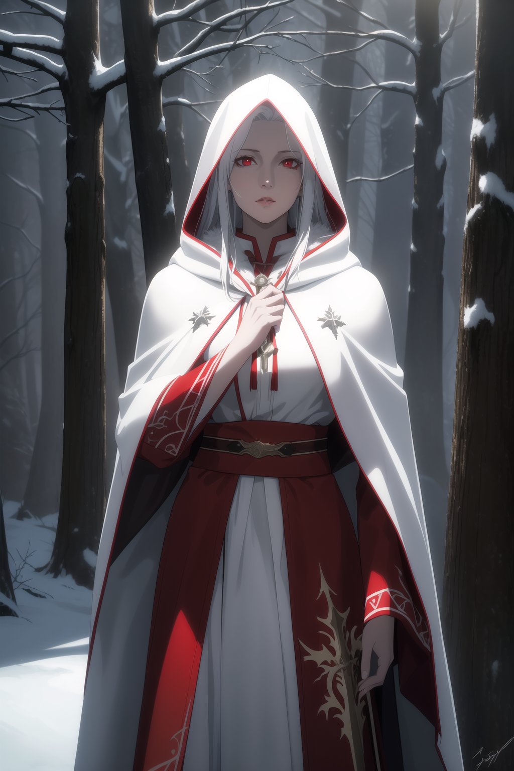 (Masterpiece, Best Quality), (A Gorgeous 30-Year-Old Female Blood Witch), (Unkempt White Hair), (Spirit-Seeing Red Eyes:1.2), (Aged and Blood-Marked Skin), (Red and White Hooded Witch Robe with Fur Cloak:1.2), (Mystical Snowy Forest at Night:1.4), (Standing Pose:1.4), Centered, (Half Body Shot:1.4), (From Front Shot:1.2), Insane Details, Intricate Face Detail, Intricate Hand Details, Cinematic Shot and Lighting, Realistic and Vibrant Colors, Sharp Focus, Ultra Detailed, Realistic Images, Depth of Field, Incredibly Realistic Environment and Scene, Master Composition and Cinematography, castlevania style,castlevania style