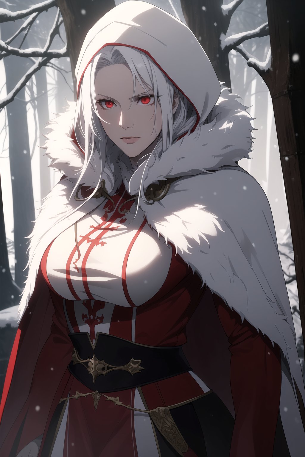 (Masterpiece, Best Quality), (A Gorgeous 30-Year-Old Female Blood Witch), (Unkempt White Hair), (Spirit-Seeing Red Eyes:1.2), (Aged and Blood-Marked Skin), (Red and White Hooded Witch Robe with Fur Cloak:1.2), (Mystical Snowy Forest at Night:1.4), (Standing Pose:1.4), Centered, (Half Body Shot:1.4), (From Front Shot:1.2), Insane Details, Intricate Face Detail, Intricate Hand Details, Cinematic Shot and Lighting, Realistic and Vibrant Colors, Sharp Focus, Ultra Detailed, Realistic Images, Depth of Field, Incredibly Realistic Environment and Scene, Master Composition and Cinematography, castlevania style,castlevania style