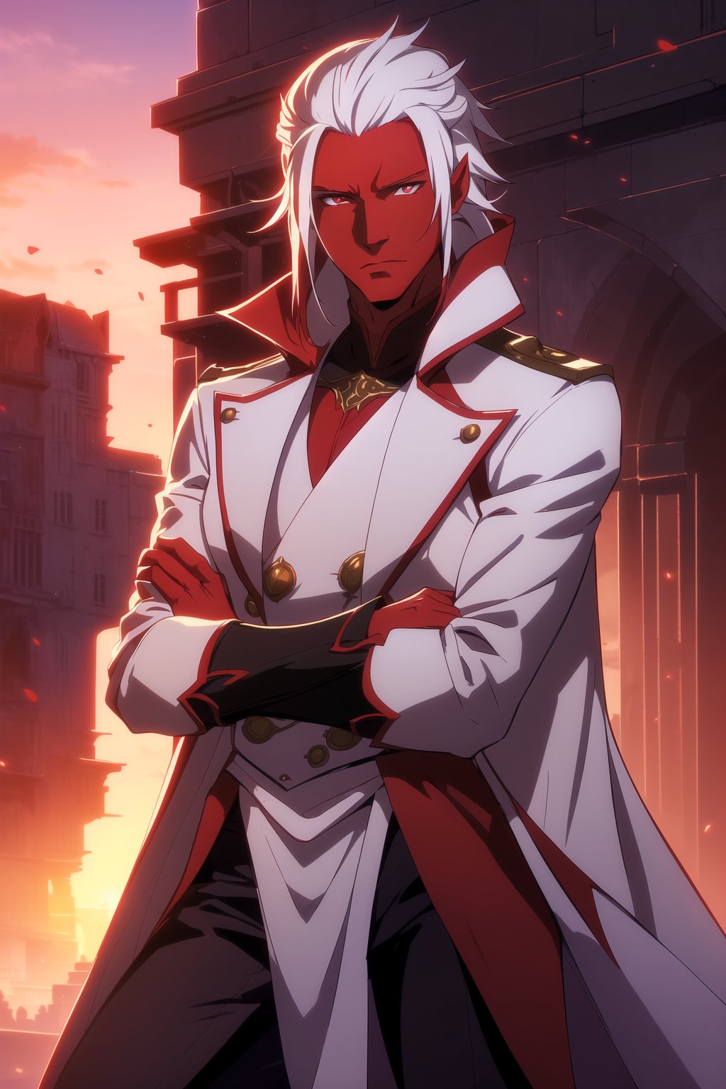 (Masterpiece, Best Quality), (A Handsome 25-Year-Old Male Tiefling Warrior), (Long Unkempt White Hair:1.4), (Bright Red Skin:1.4), (Red Horns), (Crimson Eyes), (Wearing White Long Coat and Black Long Pants:1.6), (City Road at Evening with Sunset:1.4), (Crossed Arms Pose:1.4), Centered, (Half Body Shot:1.6), (From Front Shot:1.4), Insane Details, Intricate Face Detail, Intricate Hand Details, Cinematic Shot and Lighting, Realistic and Vibrant Colors, Sharp Focus, Ultra Detailed, Realistic Images, Depth of Field, Incredibly Realistic Environment and Scene, Master Composition and Cinematography,castlevania style,tiefling