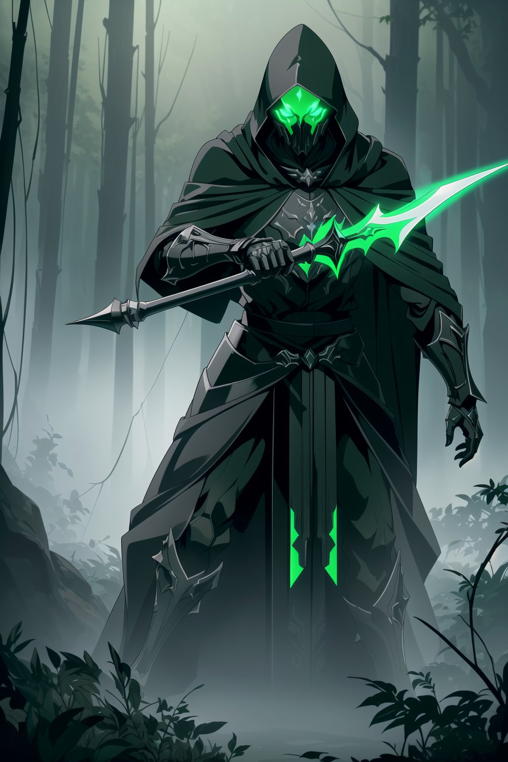 (Masterpiece, Best Quality), (Grim Reaper in Warframe Style Armor), (Masculine Appearance:1.4), (Muscular Frame Build:1.2), (Glowing Green Eyes), (Wearing Green and Black Grim Reaper-Themed Armored Robe, Black Hood, and Black Flowing Cloak:1.4), (Foggy Forest at Night:1.4), (Action Pose:1.4), Centered, (Half Body Shot:1.4), (From Front Shot:1.2), Insane Details, Intricate Face Detail, Intricate Hand Details, Cinematic Shot and Lighting, Realistic and Vibrant Colors, Sharp Focus, Ultra Detailed, Realistic Images, Depth of Field, Incredibly Realistic Environment and Scene, Master Composition and Cinematography, castlevania style,castlevania style,WARFRAME